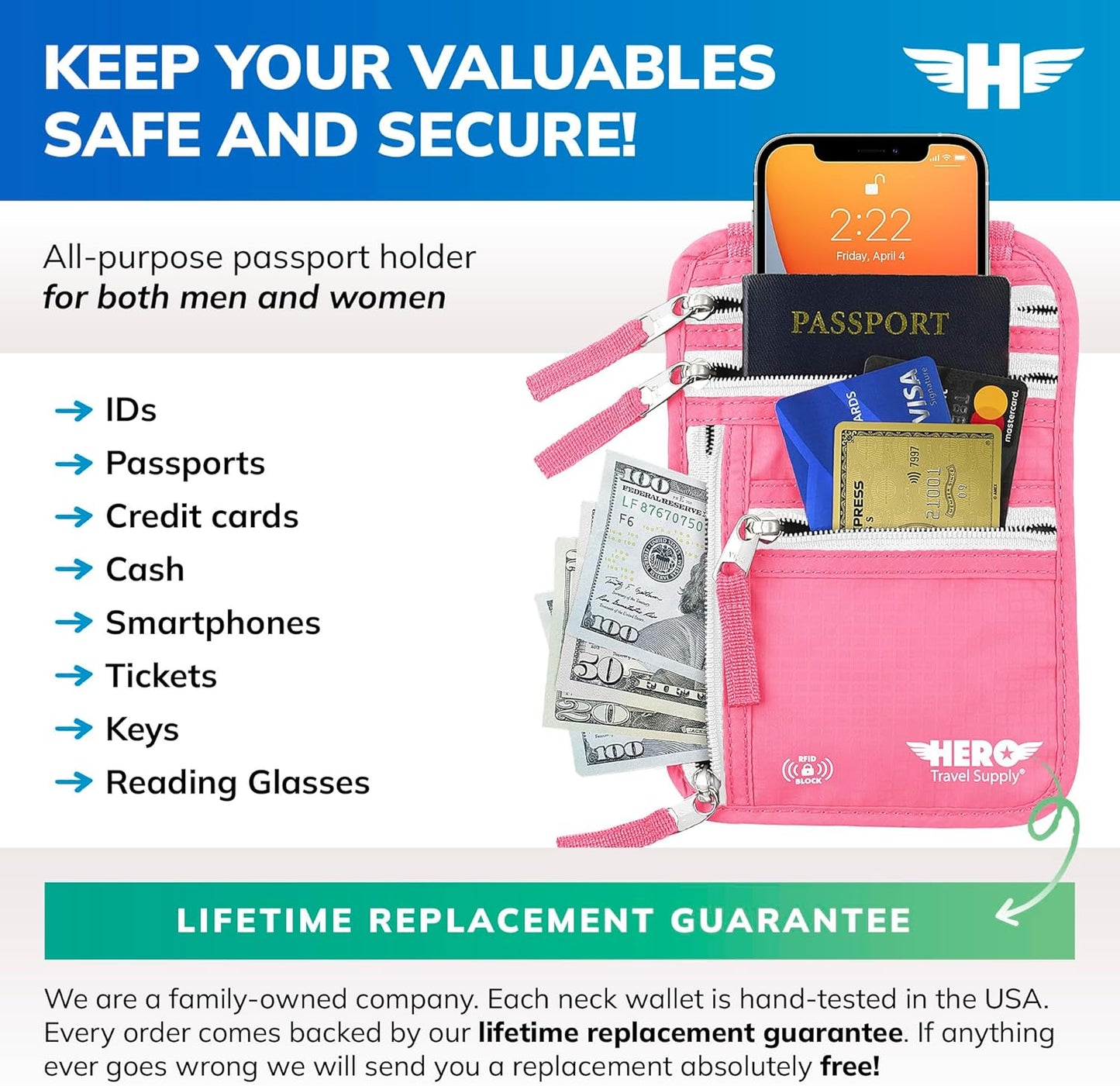 Hero Travel Supply Neck Wallet, RFID Blocking Passport Holder, Easy to Conceal Pouch (Hot Pink)