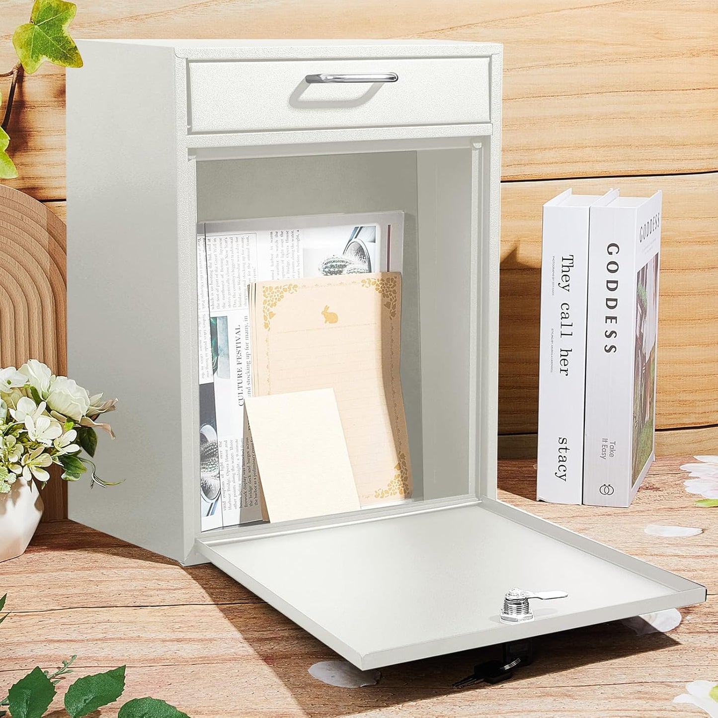 Locking Mailbox with Key for Outdoor 18 x 15 x 7 Inches Large Wall Mount Mail Box with Lock Security Mail Drop Metal Collection Boxes Hanging Secure Postbox(Creamy White)