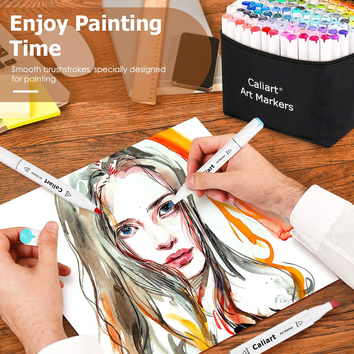 Caliart 81 Colors Alcohol Based Markers, Dual Tip Permanent Artist Art Sketch Markers for Adult Kid Coloring Book, Illustration Painting Card Making, Bonus 1 Colorless Alcohol Marker Blender