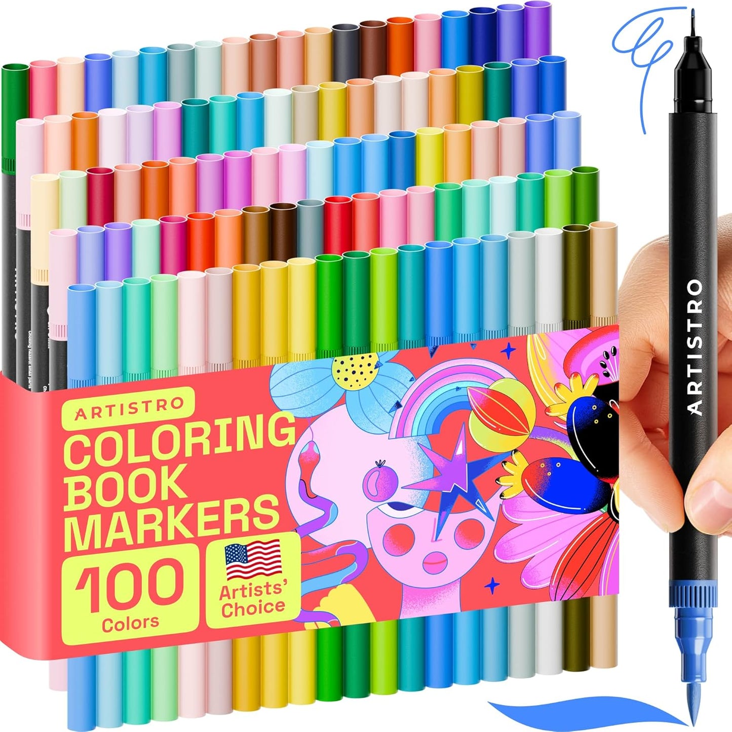 ARTISTRO 100 Brush Marker Pens Coloring Markers for Adults Brush Tip & 0.4mm Fineliner Pens Coloring Markers No Bleeding
