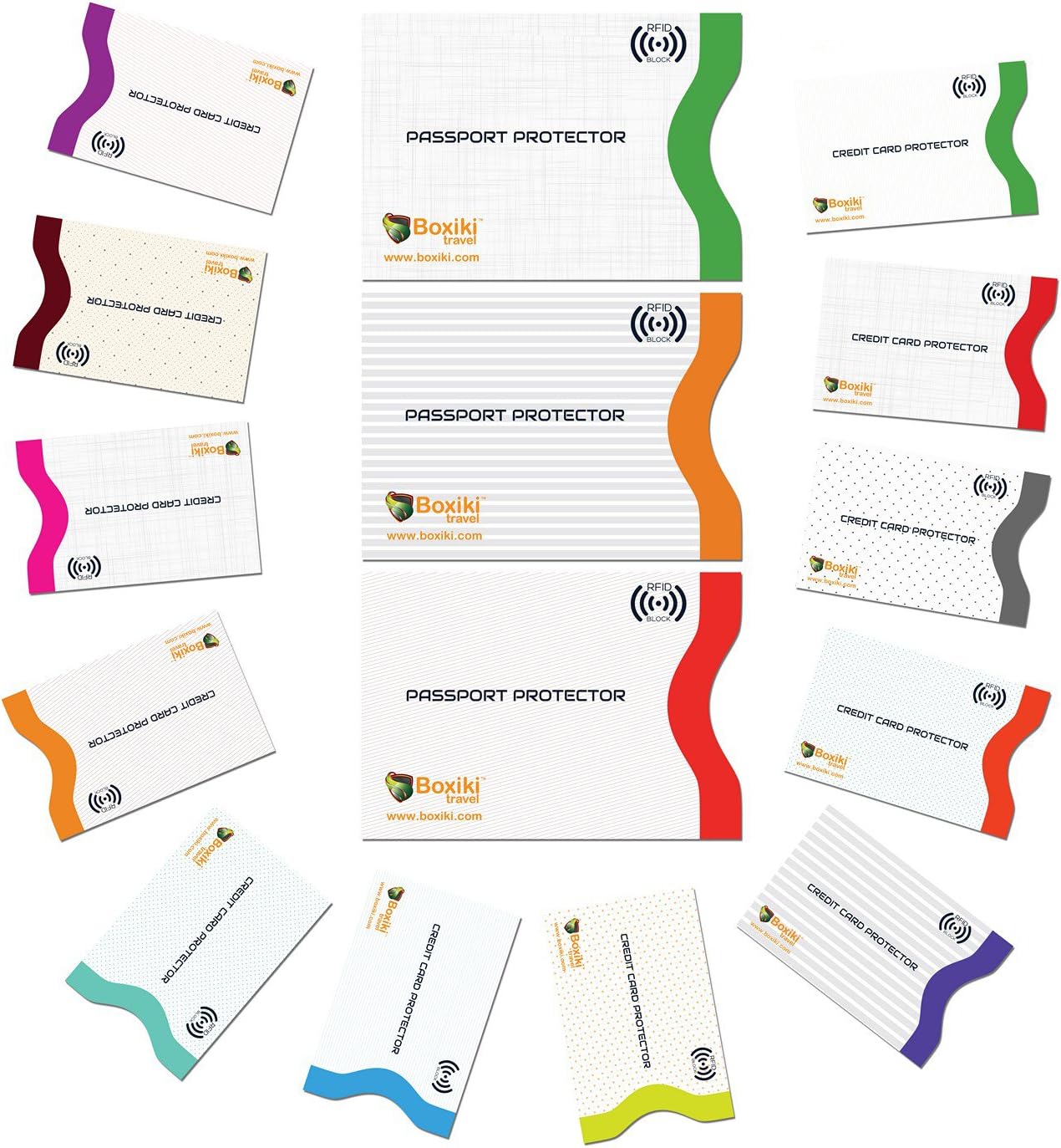 Boxiki Travel Set of 15 RFID, Set with Color Coding | Identity Theft Prevention RFID Blocking Envelopes and Passport Covers (White Collection)