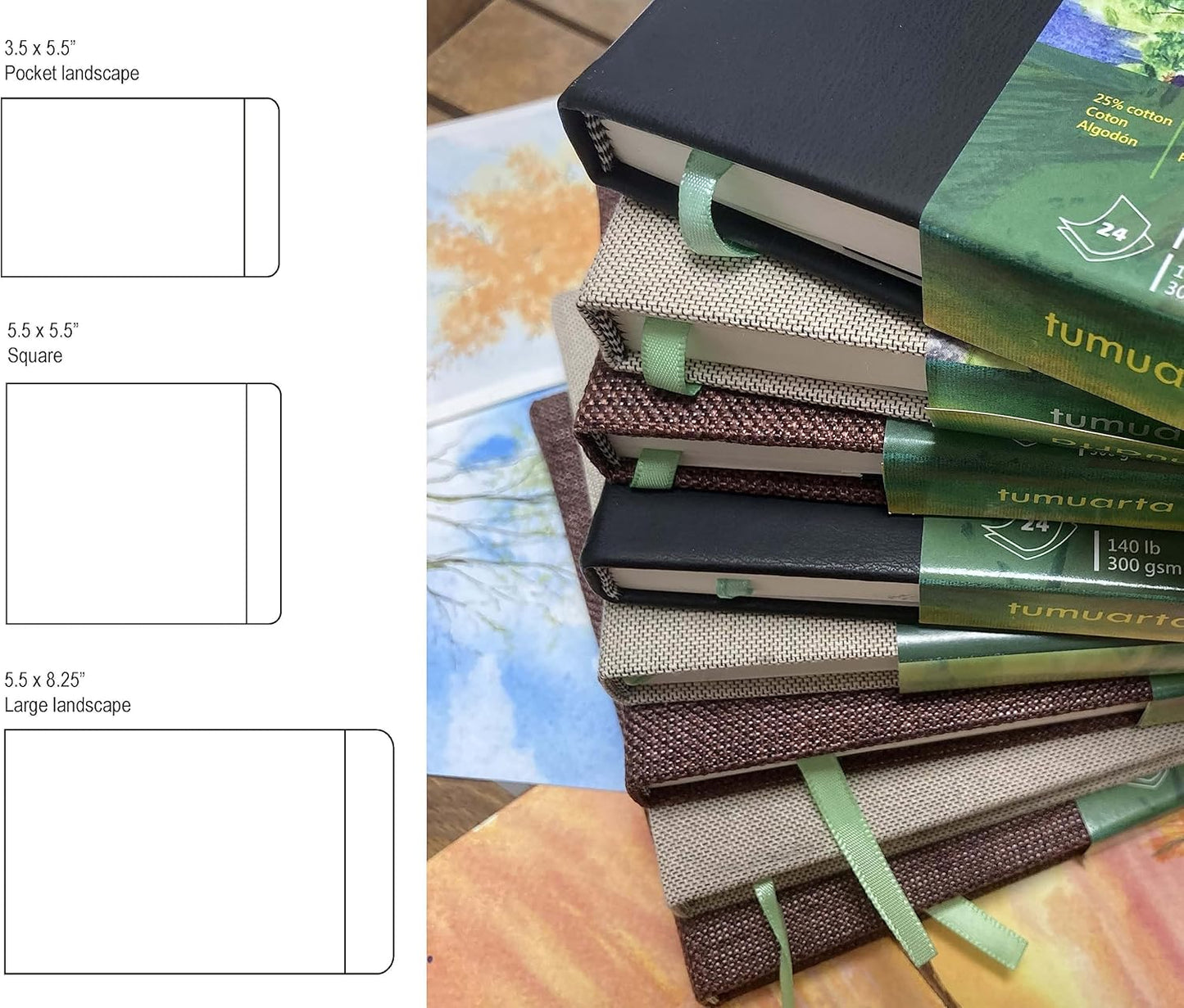 tumuarta Watercolor Journal, 8.25x5.5, 140 LB, 300 GSM, Cotton Paper, Cold Press, 24 Sheets, 48 Pages, Watercolor Paper Sketchbooks for Use As Travel Notebook and Mixed Media Pad