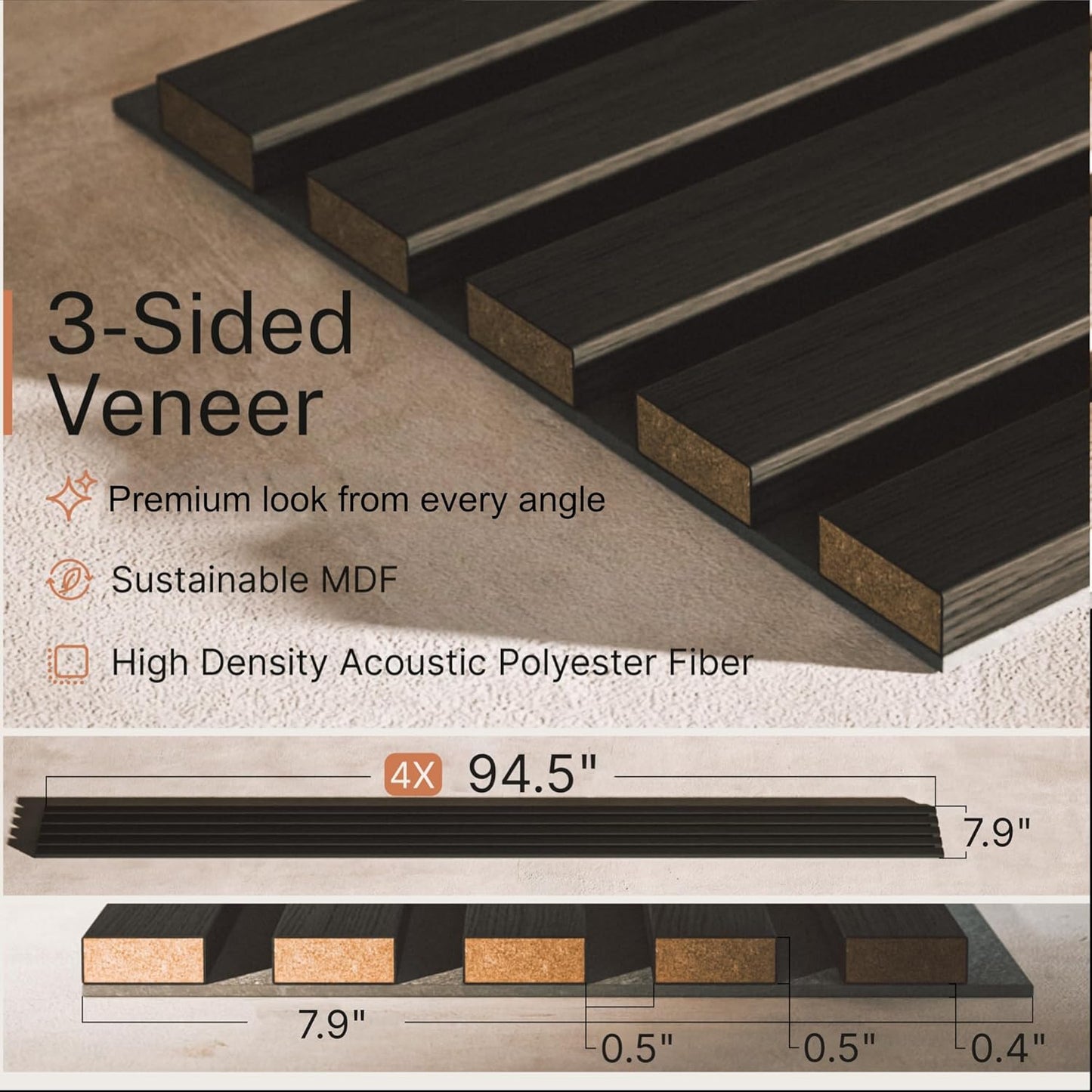 Not Just Sleek - These Wood Panels Eat Echo for Breakfast | African Ebony Wood Slat Acoustic Panels – 4PCS (94.5" x 7.9") | Sound-dampening Wall & Ceiling Panels for Stylish Noise Reduction & Décor