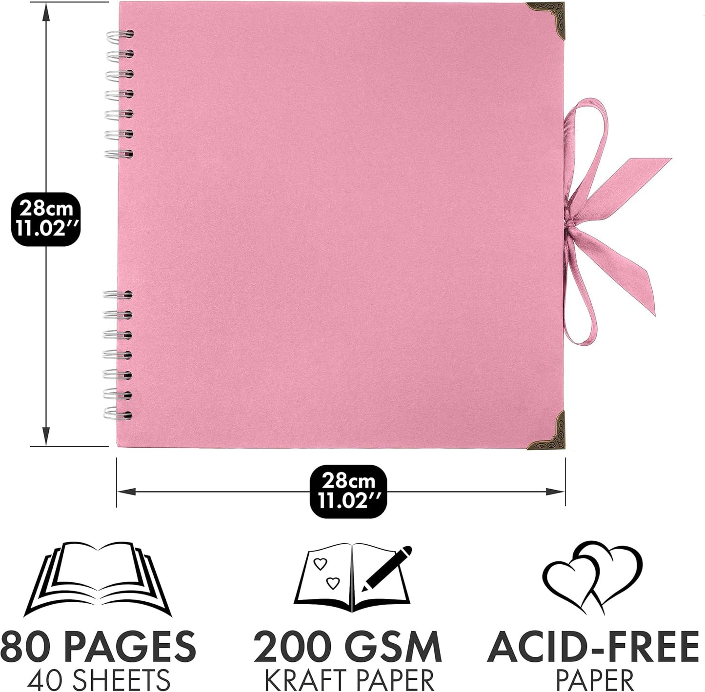 Bstorify Square Scrapbook Photo Albums 80 Pages (11 x 11 Inch) Pink Thick Paper, Hardcover, Ribbon Closure - Ideal for Your Scrapbooking Albums, Art & Craft Projects (Pink, 11 x 11 Inch)