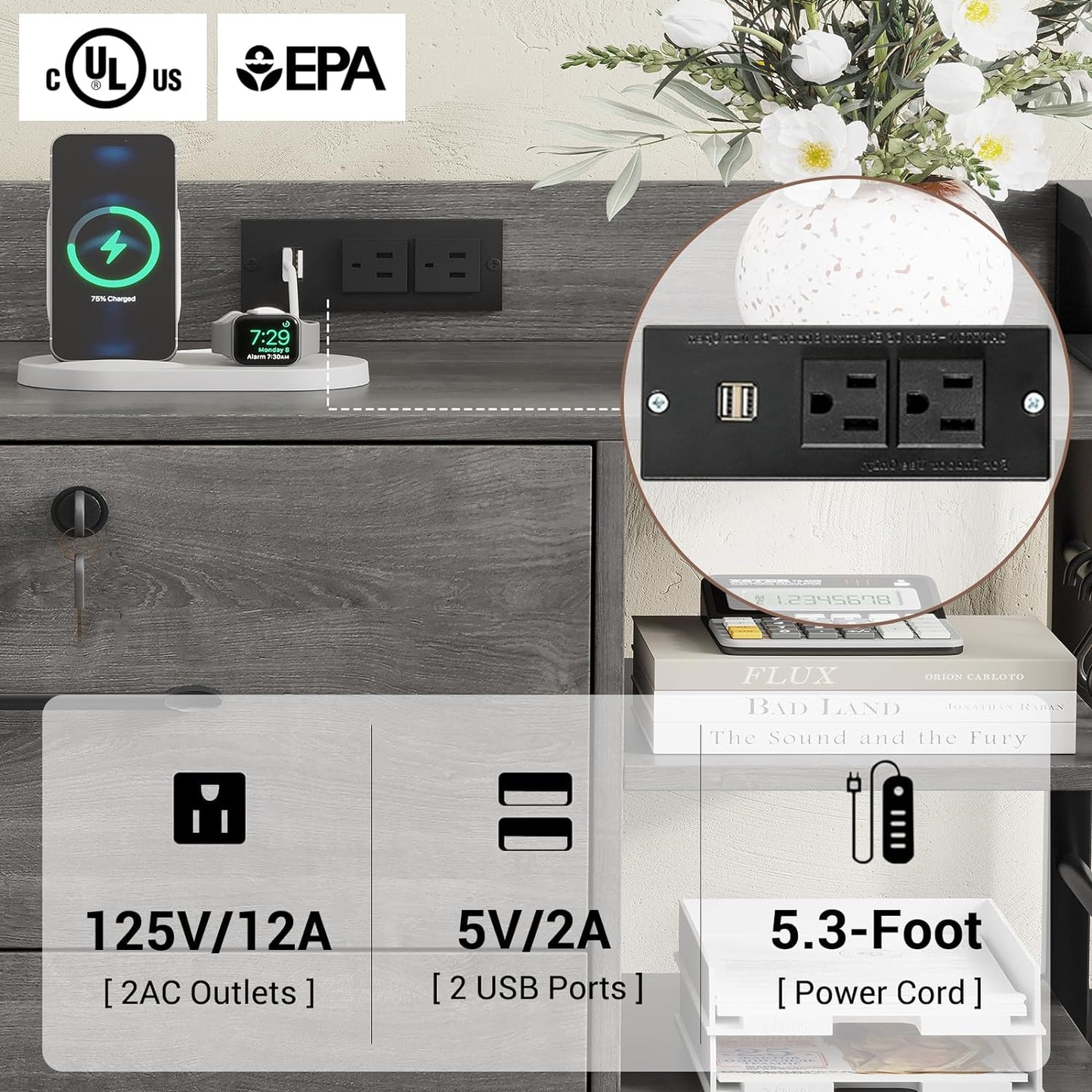 SEDETA 44" File Cabinet, Filing Cabinet fits Legal/Letter Size, 2 Drawer File Cabinets for Home Office with Lock, Power Strip, 6 Storage Shelves, Grey