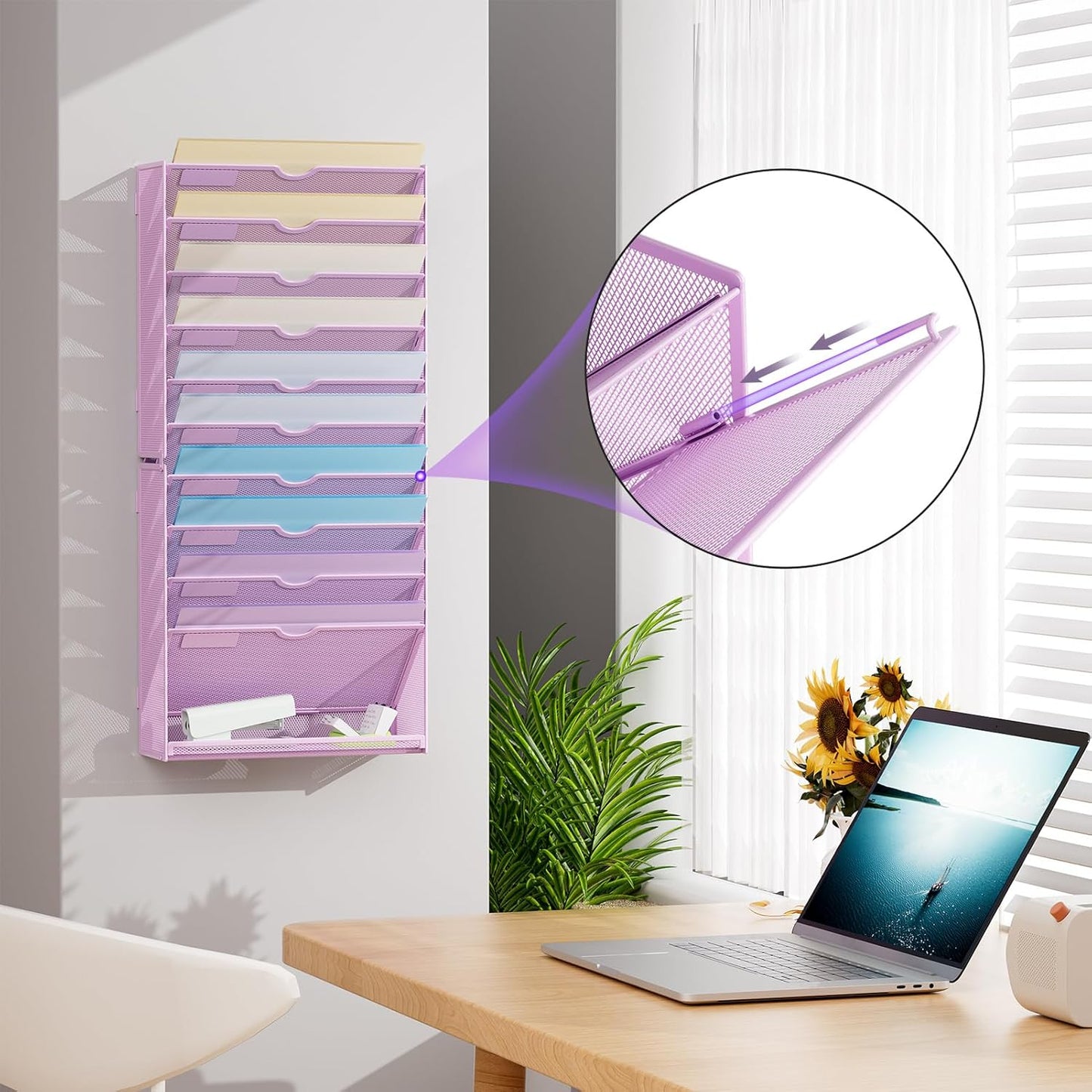 Marbrasse Wall File Holder 11-Tier Hanging Wall File Organizer, for Papers, Files Clipboard & Magazine Organizer, Wall Mount File Holder Great for Office Home (Purple)
