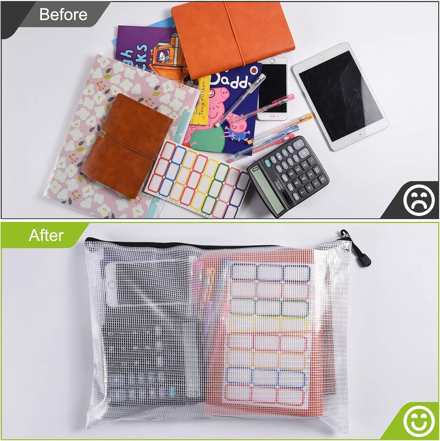 12 Pcs Plastic Mesh Zip File Bags, Waterproof Tear-Resistant Document File Folders, A4 Size Zipper Documents Pouch Document Organizer Bags for School Office Home Travel Storage(13.5×9.5Inch)