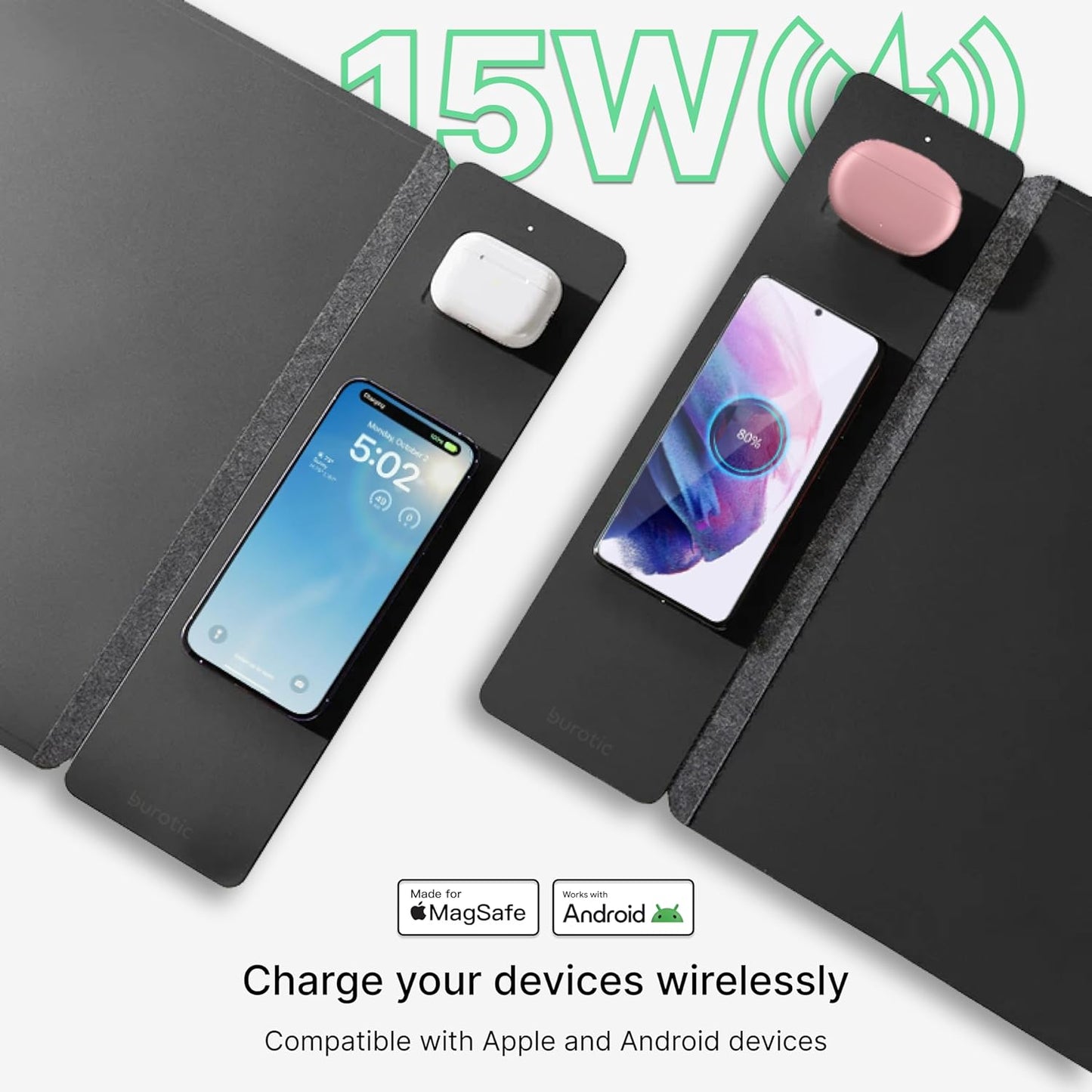 Wireless Charging Desk Pad, Large Non-Slip Reversible Felt & Vegan PU Leather Desk Mat, Waterproof, Detachable Magnetic Panel - Organize, Charge 2 Devices, Apple & Android Compatible - Black