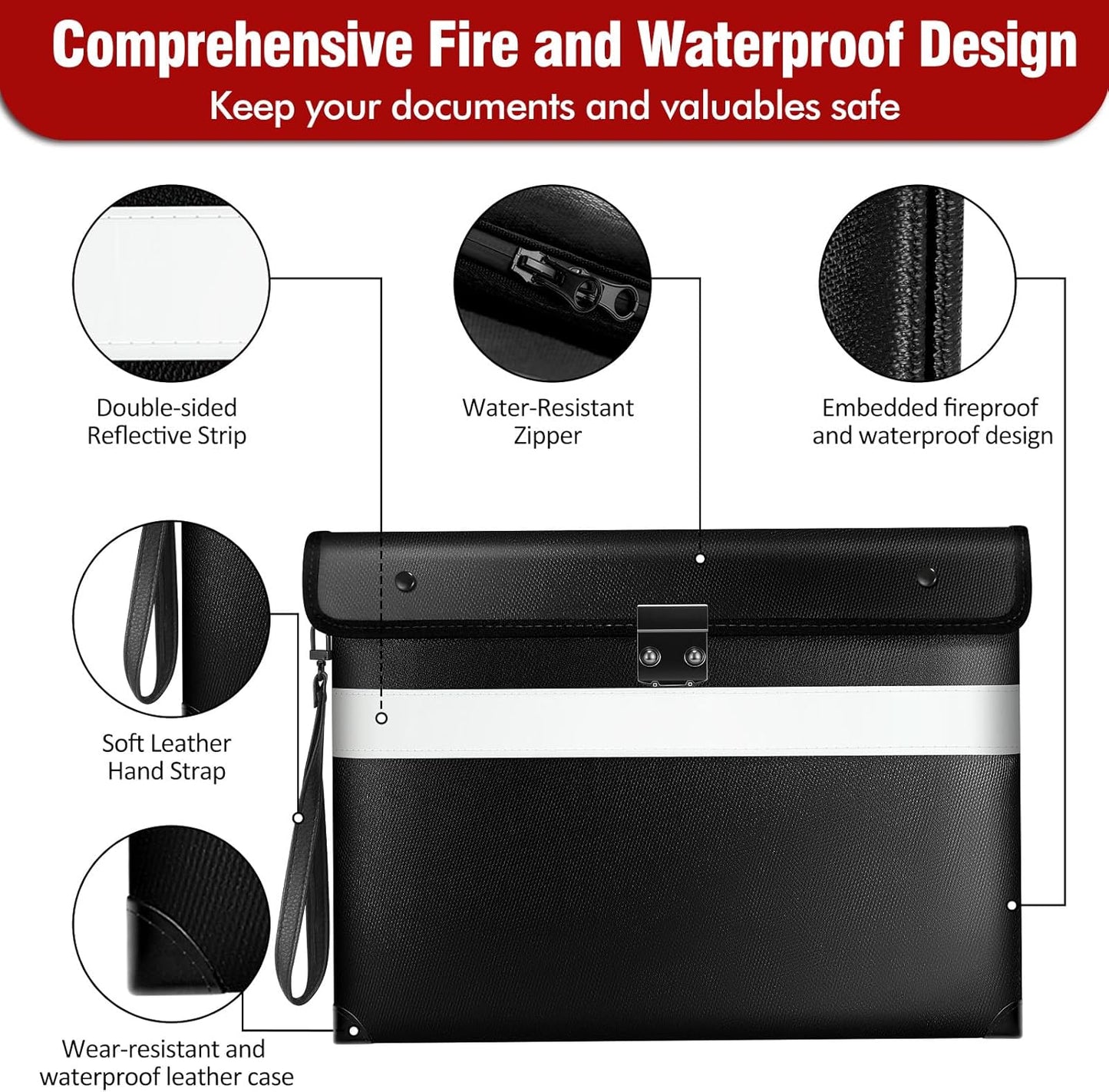 Fireproof Document Bag with Lock,6200°F Insulated (13.9"x10.6"),Lockable Fire Water Proof Money Pouch with Water Resistant Zipper,Safe Notary Bag with Lock,for Important Documents,Valuables (Black)