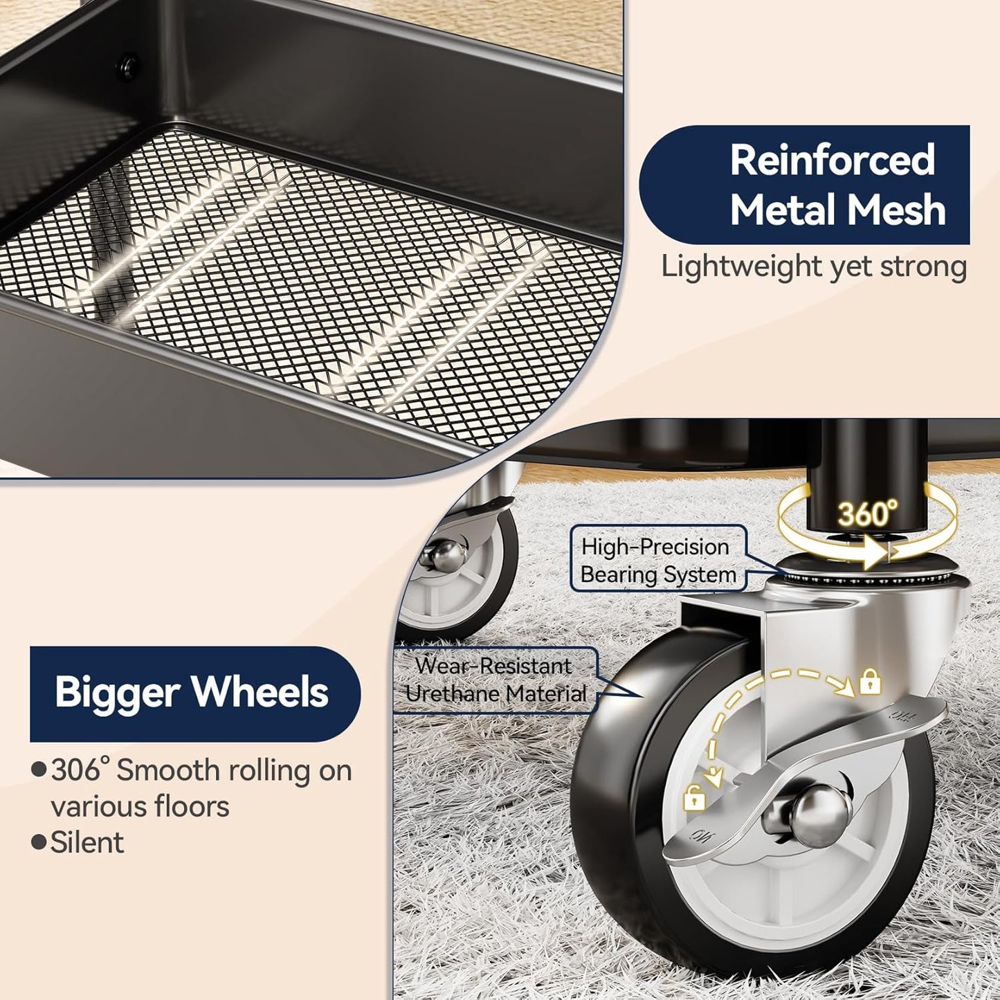 YASONIC 3 Tier Rolling Cart - Metal Utility Cart with Wheels, Hanging Cups, Hooks, Heavy Duty Mesh Rolling Storage Cart Organizer, Craft Cart for Kitchen Office, Lightweight and Sturdy