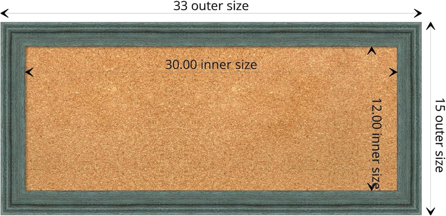 Amanti Art Natural Cork Board for Wall, 15x33 Vision Board with Blue Wood Frame, Medium Corkboard Office Decor for Home Organization, Rustic Farmhouse Corkboard Pinboard to display items for home