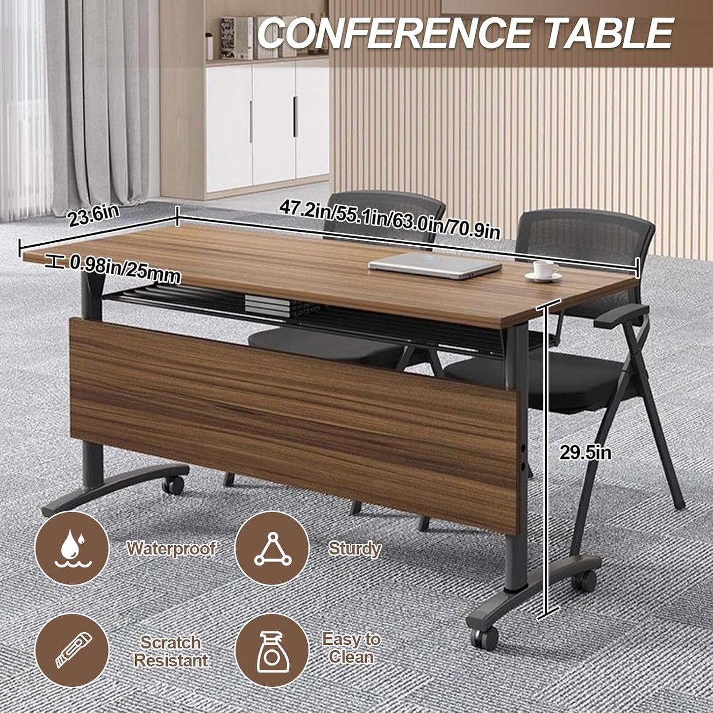 Folding Conference Room Table, Modern Conference Tables with Wheels, Large Rectangular Mobile Training Tables for Office Classroom, Foldable Modular Boardroom Seminar Table Walnut (6pack L55.1in)