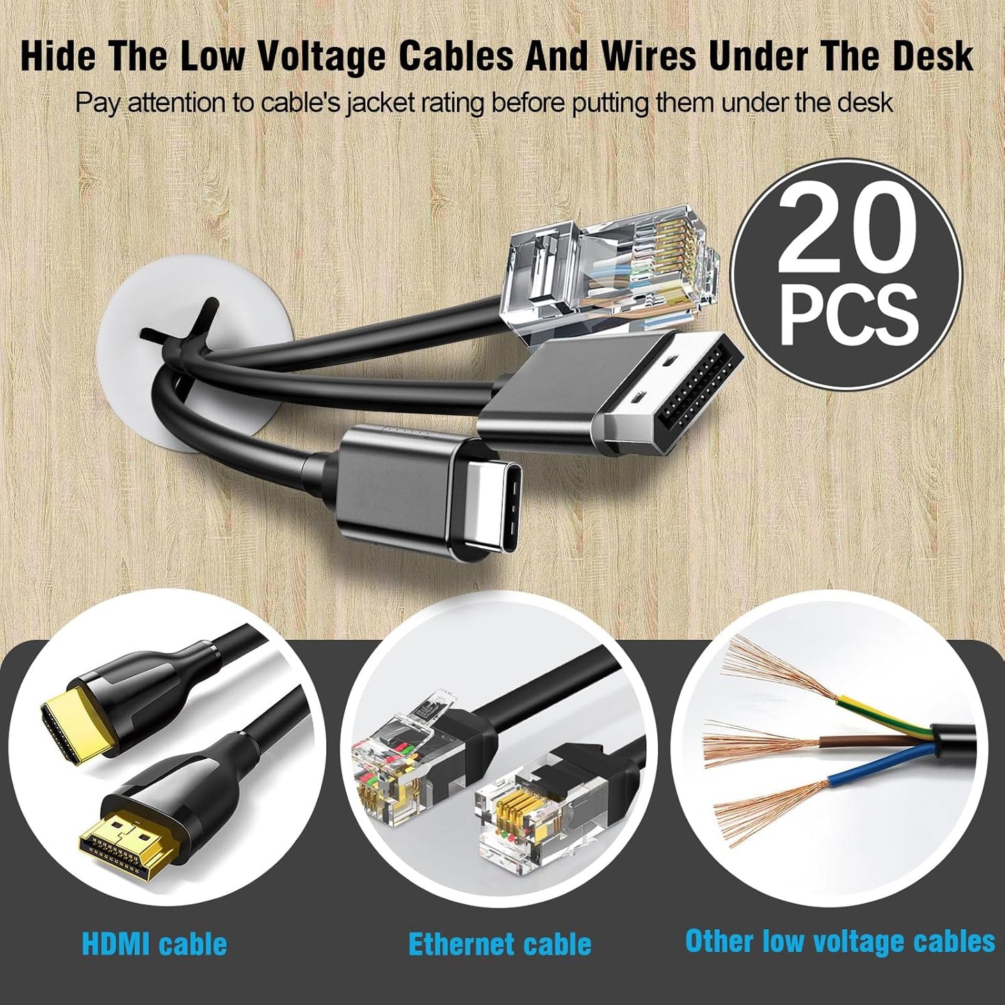 3/4" White Desk Grommet, JTemgle Flexible Cable Grommet Cross Rubber Cable Hole Cover Wire Organizer Caps Desktop Cord Management for Home Office TV Stands Tabletops, 20 Pieces