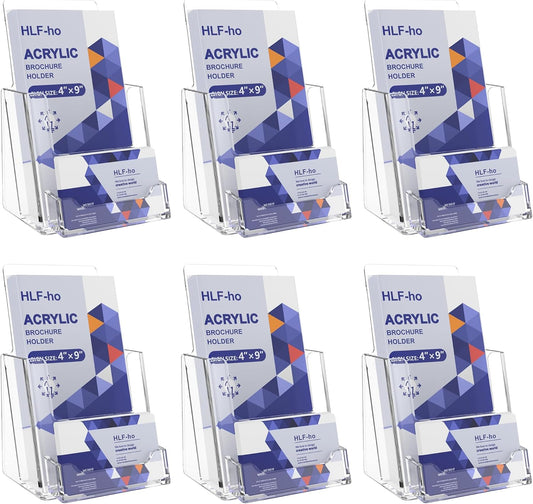 Brochure Holder 4x9 Inch Acrylic Literature Holders Clear Flyer Display Stand with Business Card Slot Pamphlet Holder Multi Purpose Organizer for Office, Lobby, Hotels, Trade Shows, 6 Pack
