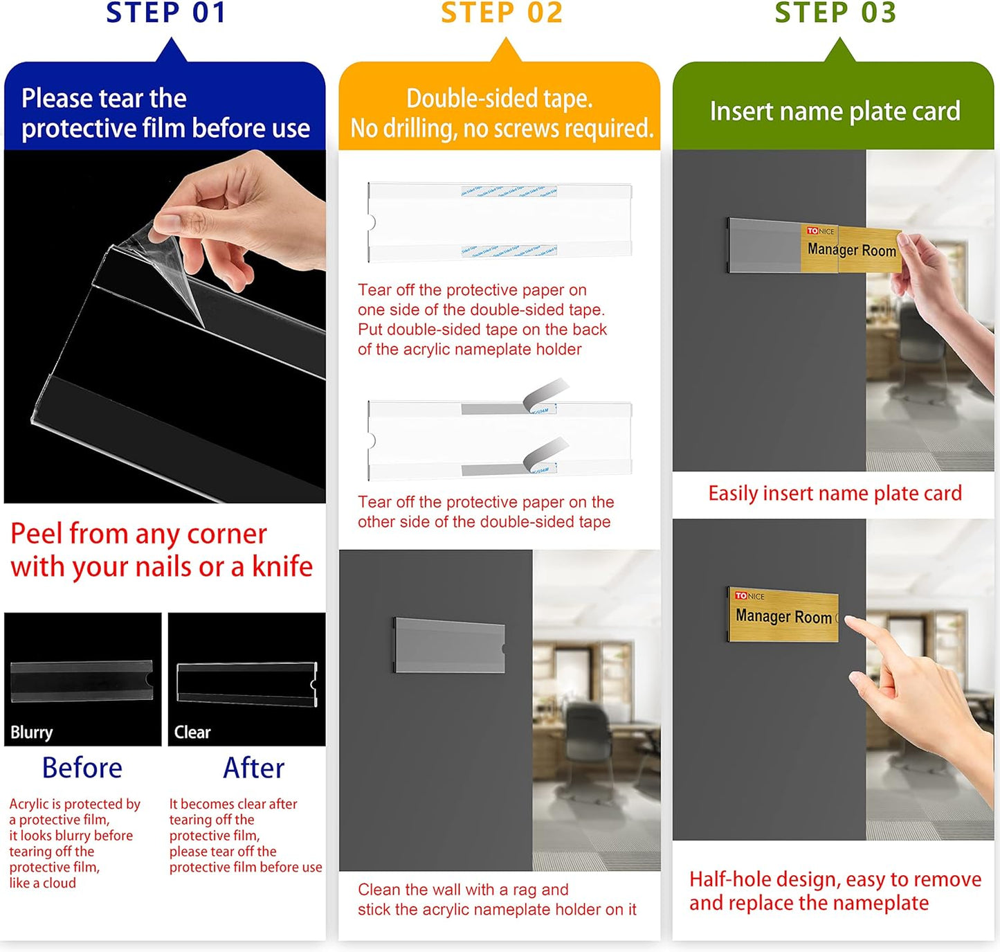 TONICE 12 Pack Acrylic Desk 2x8 Nameplate Holders, Acrylic Nameplate Holders, Wall Mount Transparent Nameplate Holders, Office Name Holders