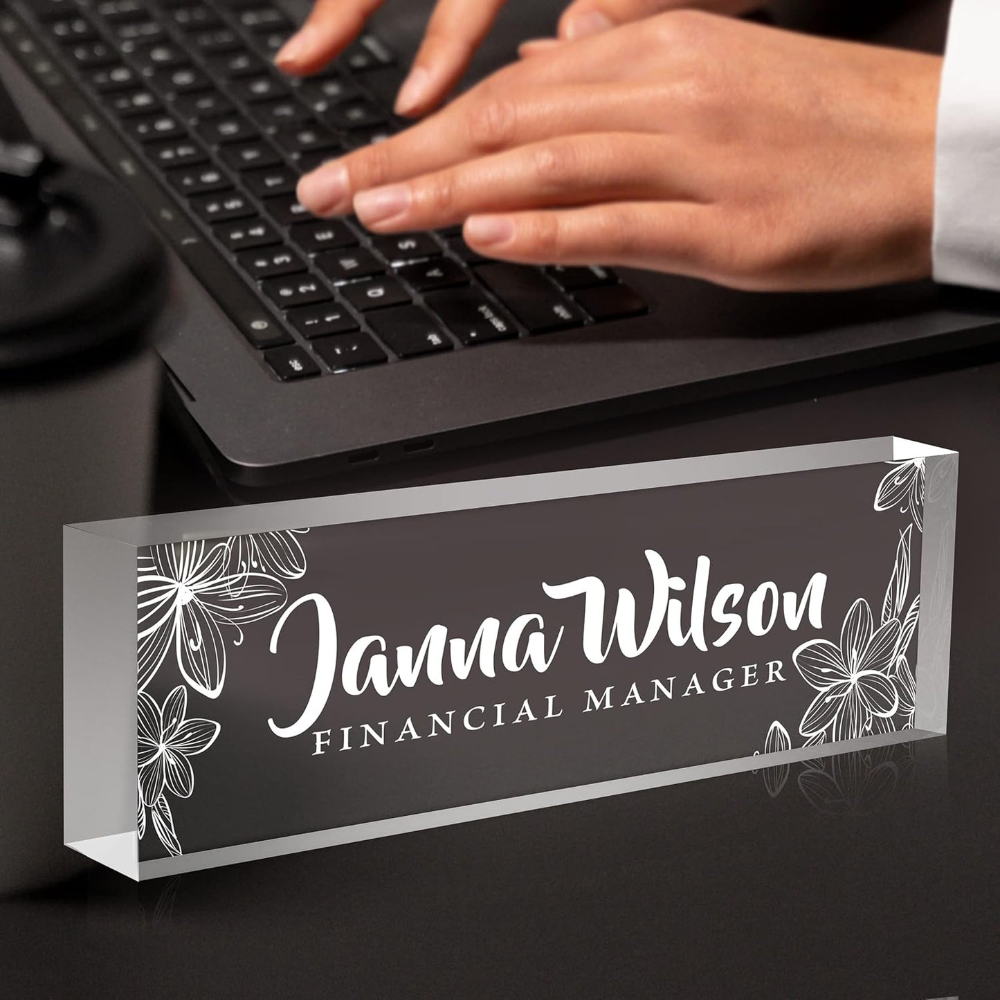 Name Plate for Desk, Premium Clear Plates Engraved Acrylic Desk Name Plate, Desk Name Plate Personalized, Custom Office Decor for Women or Men Coworkers, Boss, Employee, Teacher (Engraved 1)