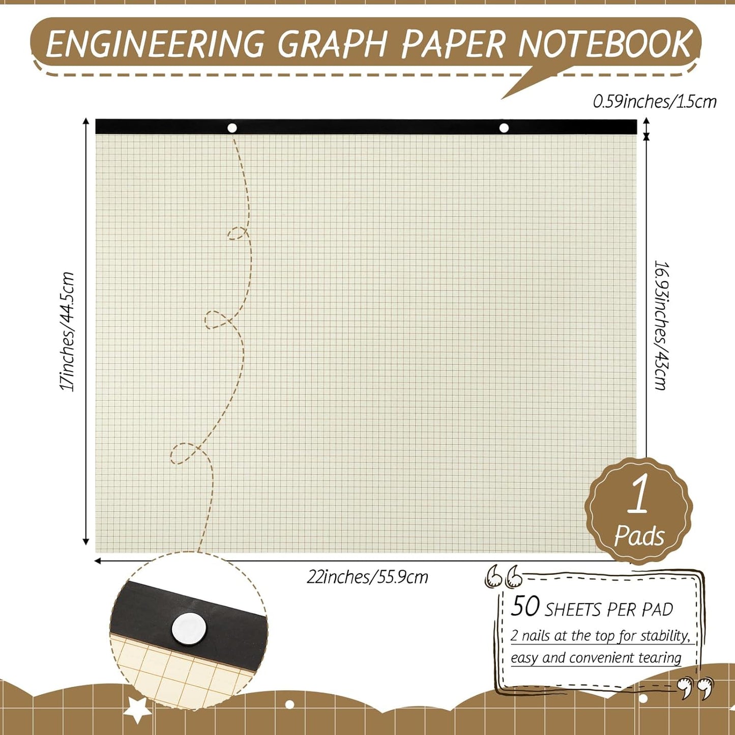 Fainne Large Engineering Graph Paper Pad 22''x17'' Landscape 4" x 4"Grid Pad Giant Drafting Sketching Graph Paper for Engineer Architect Designer Mathematician Draftsman(Beige and Brown)
