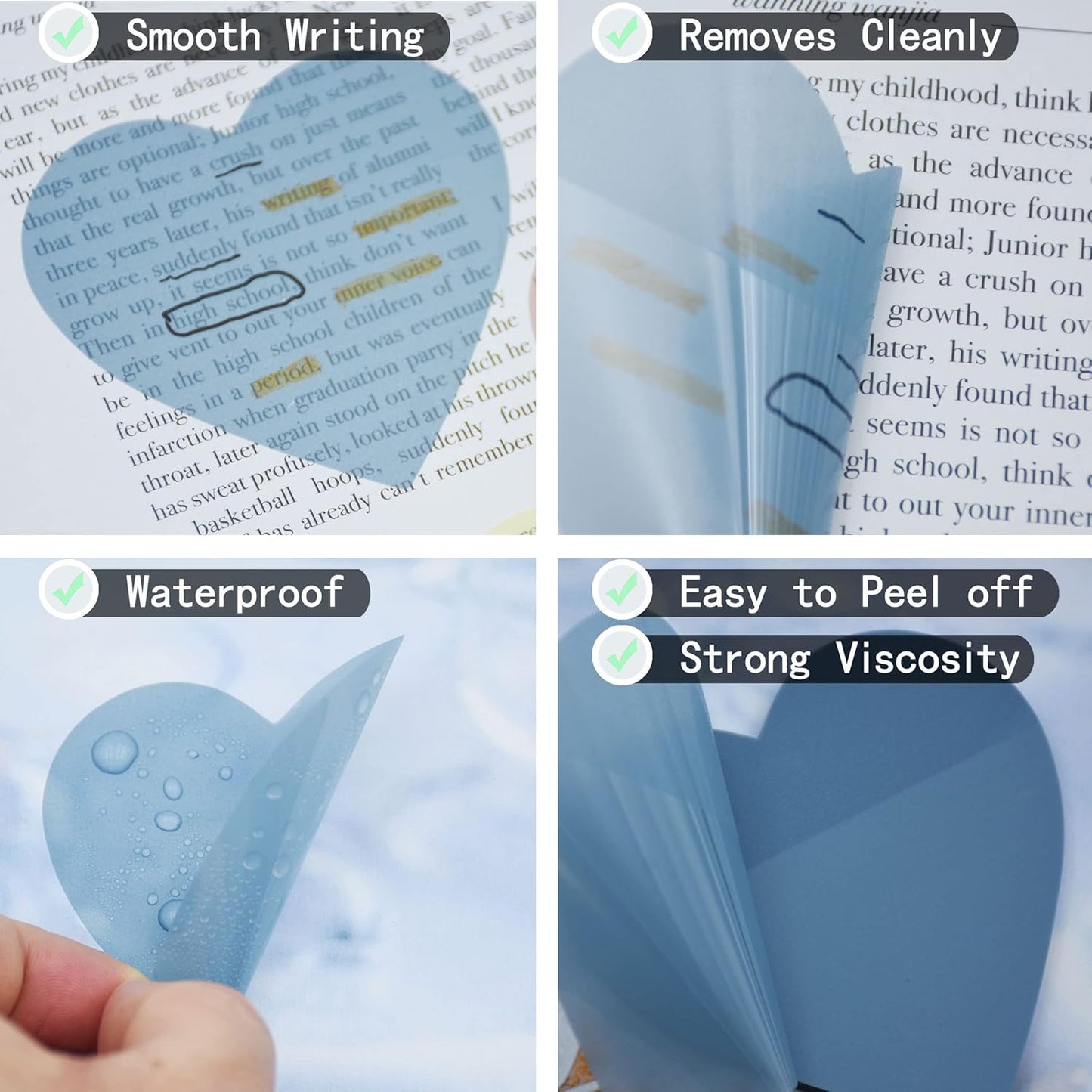 800Pcs Transparent Sticky Notes, 2.76"x2.76" Clear Heart Sticky Notes, Waterproof Translucent Sticky Note Pads for Books Annotation, Clear Post it Notes for Bible Study, School, Office