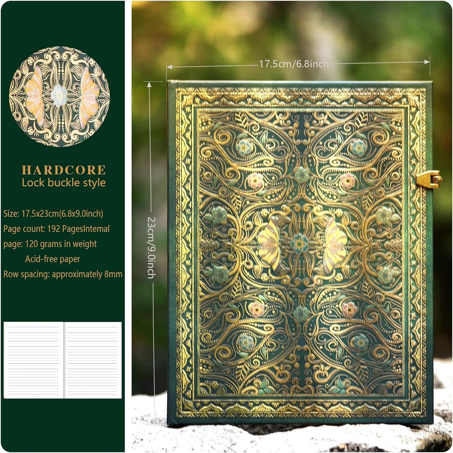 Retro 3D Jade Dream Butterfly Hot Stamp Hardcover Journal – 192 Blank Lined Pages w/Envelope Pocket - Luxury Travel Diary & Commemorative Keepsake for Cherished Moments