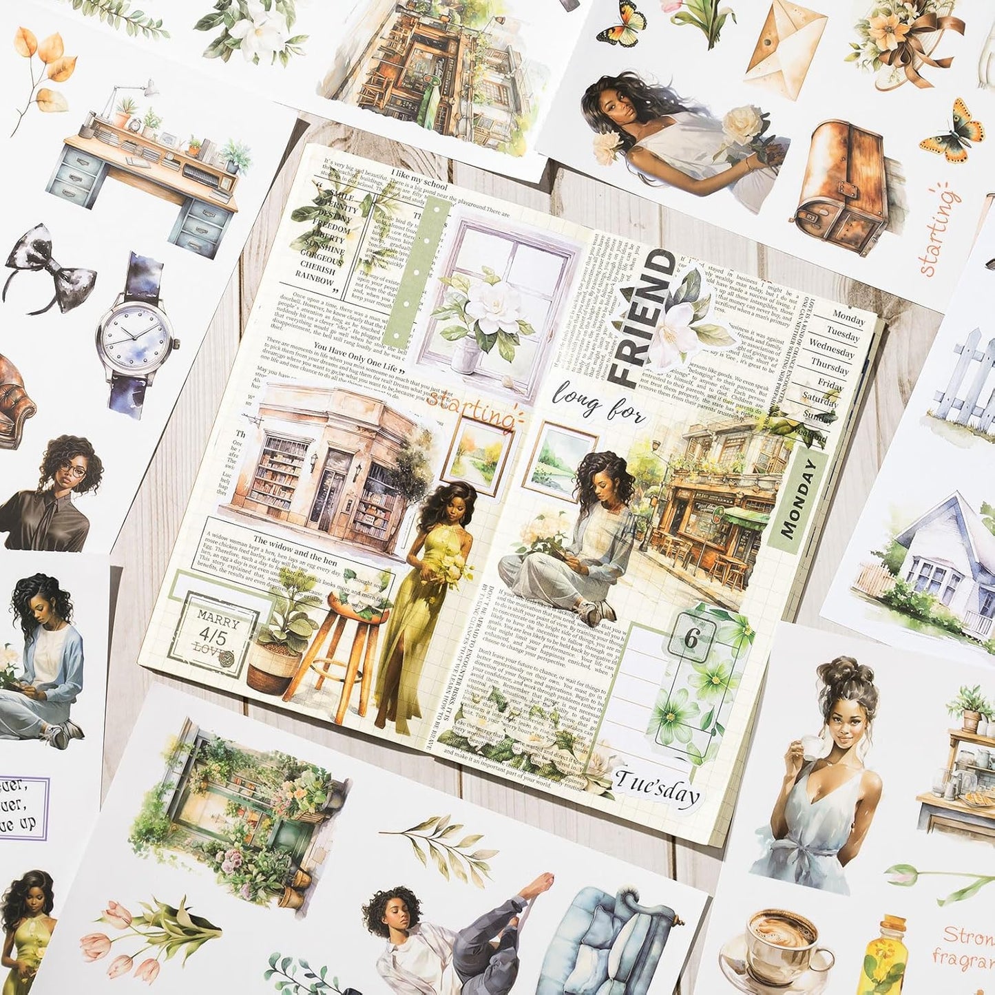 YagCu Journal Sticker Book for Journaling, Women House Junk Journal Stickers, Pre-Cut Aesthetic Scrapbooking for Adults, Decorative Ephemera Bullet Planner DIY Arts Craft Collage