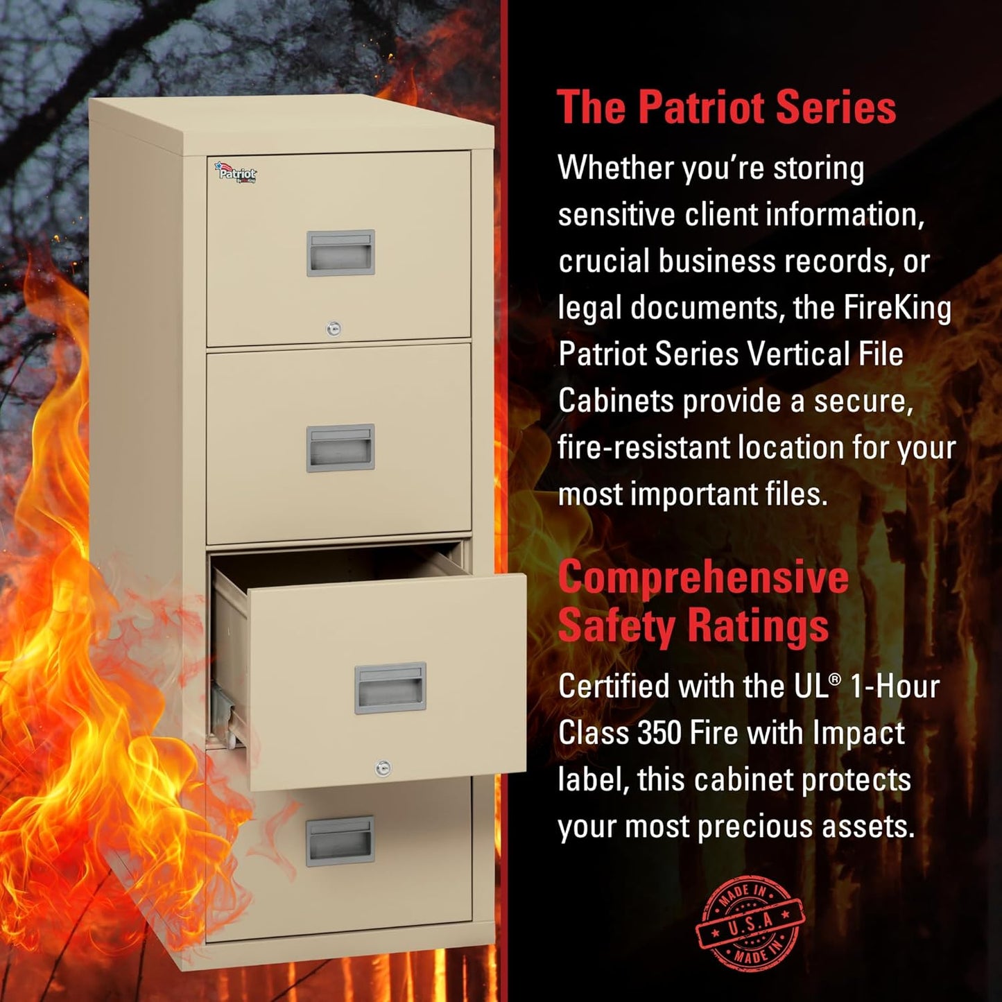 FireKing Patriot Vertical 4 Drawer Legal & Letter Fire Safe File Cabinet, Key Lock, 1 Hour Fire Rated UL Rated & Water Resistant, USA Made, Parchment