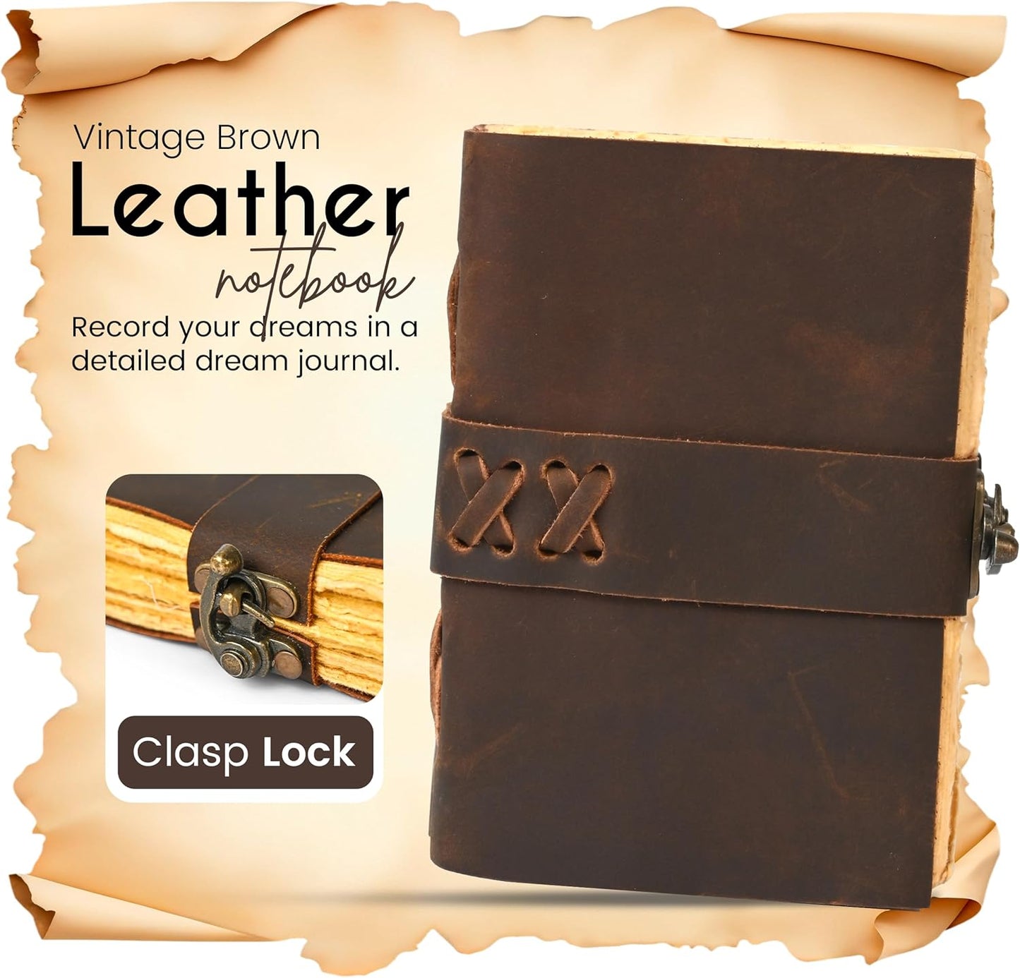 Vintage Brown Leather Notebook Journal with Clasp Lock – 200 Antique Deckle Edge Pages, 6"X4" Handmade Rustic Leather Notebook, Drawing, Sketchbook, and Travel Journal – Gift for Men & Women