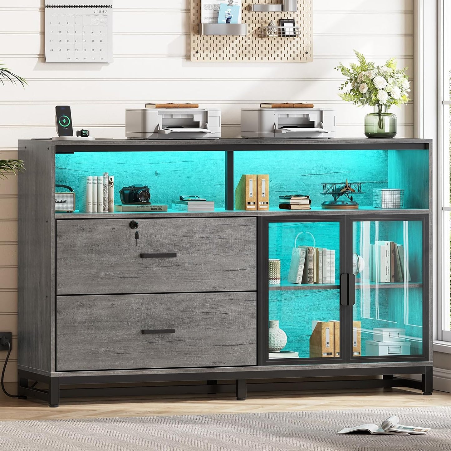 SEDETA 59" File Cabinet, 2 Drawers Filing Cabinets for Home Office fit Legal/Letter/A4 File, File Cabinet with Lock & Power Outlets, Printer Stand with Storage & LED Lights, Grey