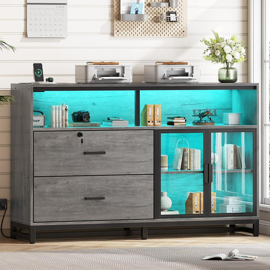 SEDETA 59" File Cabinet, 2 Drawers Filing Cabinets for Home Office fit Legal/Letter/A4 File, File Cabinet with Lock & Power Outlets, Printer Stand with Storage & LED Lights, Grey
