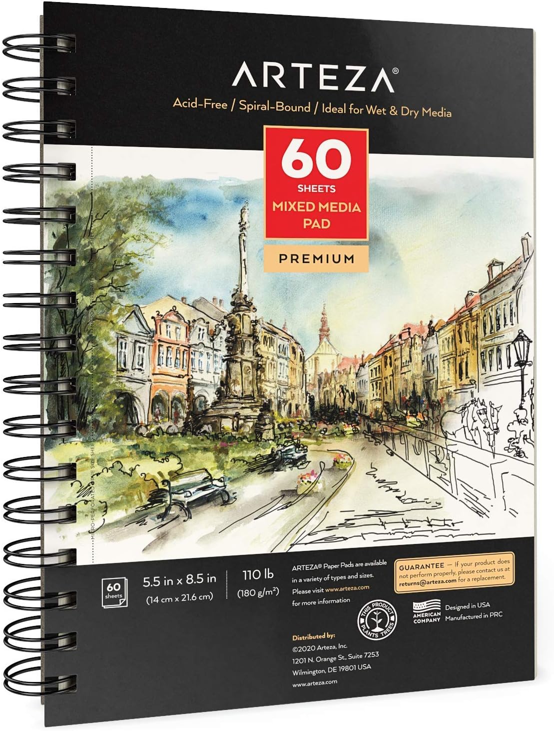 ARTEZA Mixed Media Sketchbook, 5.5 x 8.5 Inches, Pack of 1, 60 Sheets, Micro-Perforated Spiral-Bound Paper Pad for Wet and Dry Media