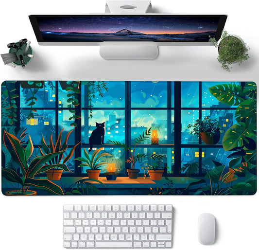 Desk Mat, Cute Lofi Anime Black Cat Green Plants Large Gaming Mouse Pad with Non-Slip Base Stitched Edges,Desk pad for Keyboard and Mouse Home Office 35.4"x15.7"