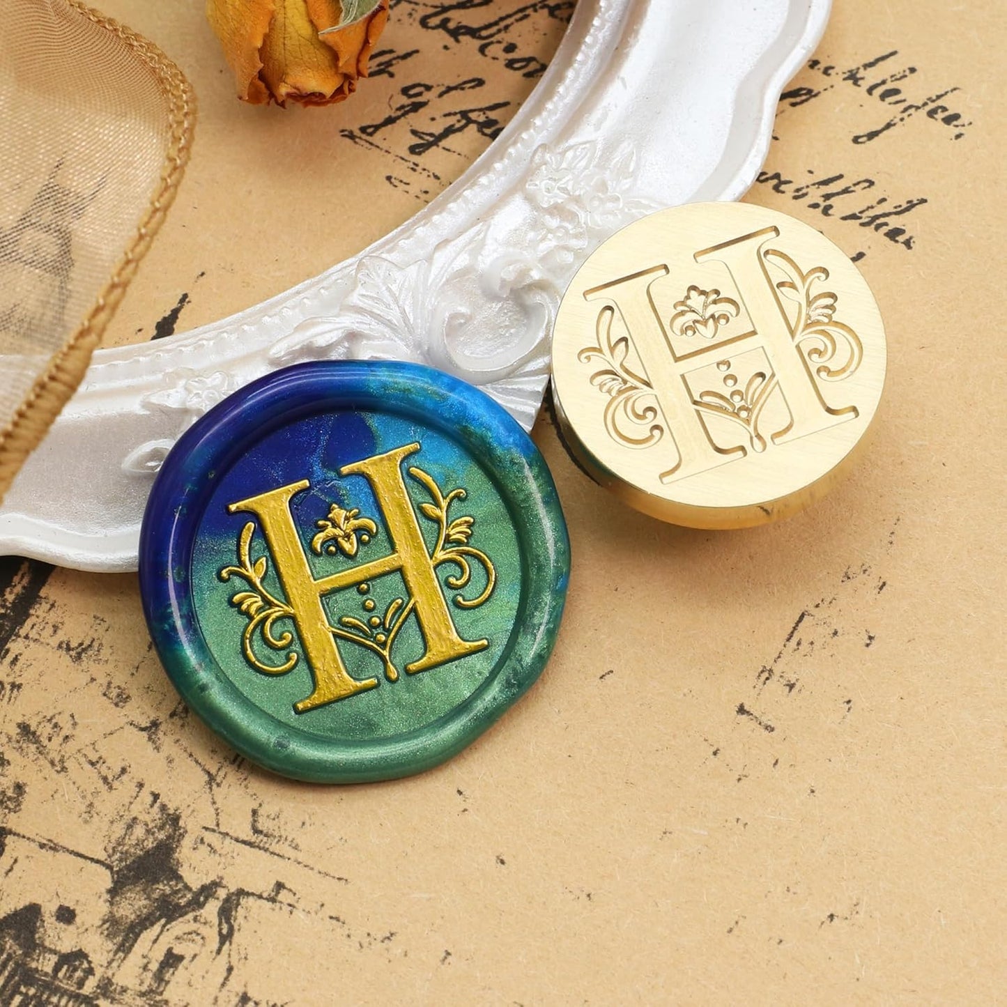 SWANGSA Initial Alphabet H Wax Seal Stamp Kit, Classic Retro Letter Sealing Stamp with 200pcs Sealing Wax Beads Kit for Wedding Invitations Cards Envelopes (H)