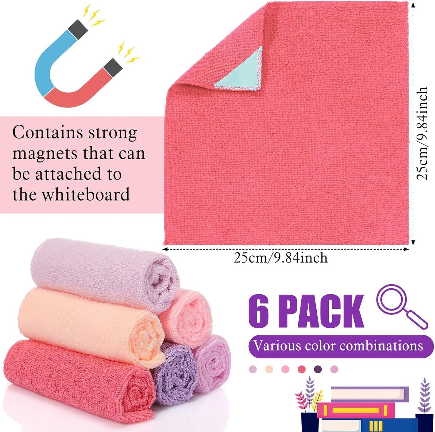 6 Pack Magnetic Whiteboard Cleaning Cloth Extra Strong Magnetism 10'' X 10'' Colorful Microfiber Dry Erase Cloth Reusable Washable Whiteboard Eraser for Classroom, Home and Office Use(Pink Color)