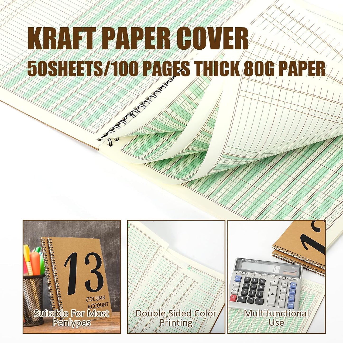 13 Column Ledger Book 8.5 * 11inch Account Book Notebook Columnar Pad Columnar Pad 13 Columns Premium Analysis Pad Kraft Paper Cover 100 Pages for Personal Use Small Business(50 Sheet)