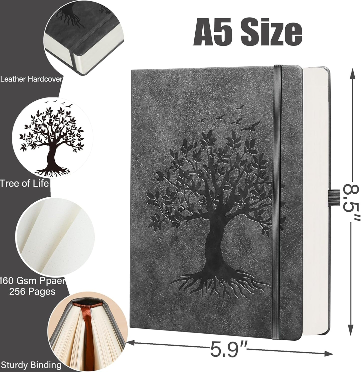 ZXHQ A5 Bullet Dotted Journal Notebook - 150gsm Thick Paper, 256 Pages, Dot Grid Hardcover, Tree of Life Design, Fine Inner Pocket - 5.9" × 8.5" Dark Grey