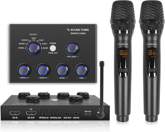 Sound Town 16 Channels Wireless Microphone Karaoke Mixer System w/ 2 Wireless Mics, HD ARC, Optical (Toslink), AUX, Supports Smart TV, Media Box, PC, Bluetooth, Soundbar, Receiver (SWM15-MAX)