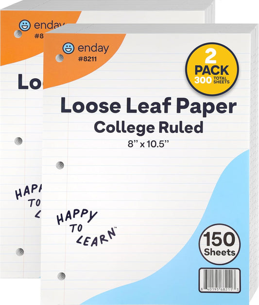 Loose Leaf Paper College Ruled Notebook Paper, 8" x 10.5" Filler Paper White, 3 Hole Punched Binder Paper for 3 Ring Binders, Lined Paper 150 Sheets Per Pack (2 Pack) - By Enday