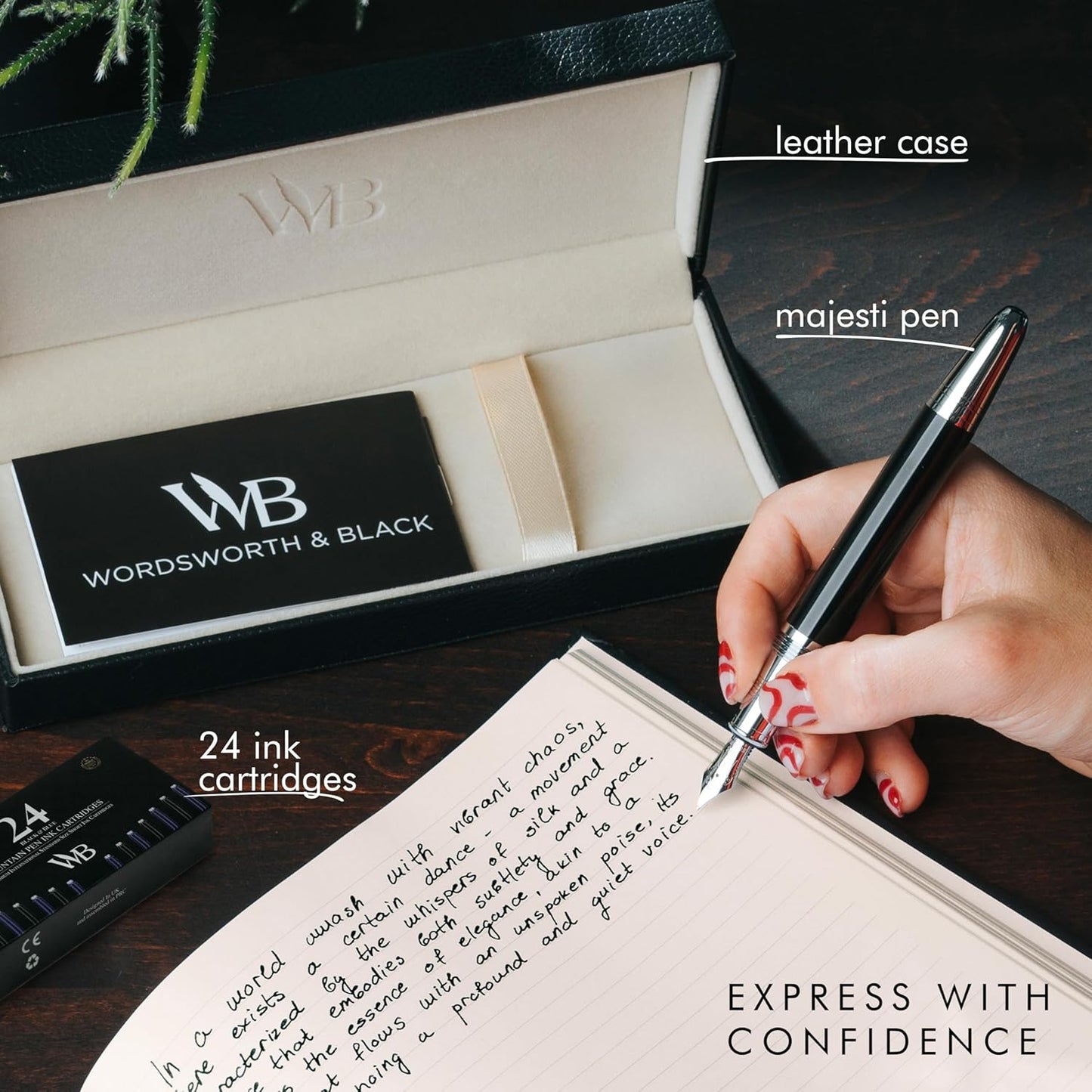 Wordsworth & Black Majesti Fountain Pen-(Black Chrome), Luxury Case, Stainless Steel; Medium Nib- Ink Cartridges, Refillable Ink Converter-Calligraphy Pen-Best Business Gift Set for Men & Women