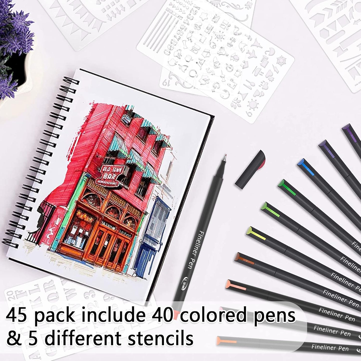 45 Pack Planner Colored Pens, 40 Colors Pens with 5 Stencils, Fineliners for Journal Planner Note Calendar Writing Coloring, Drawing, School Office Art Supplies
