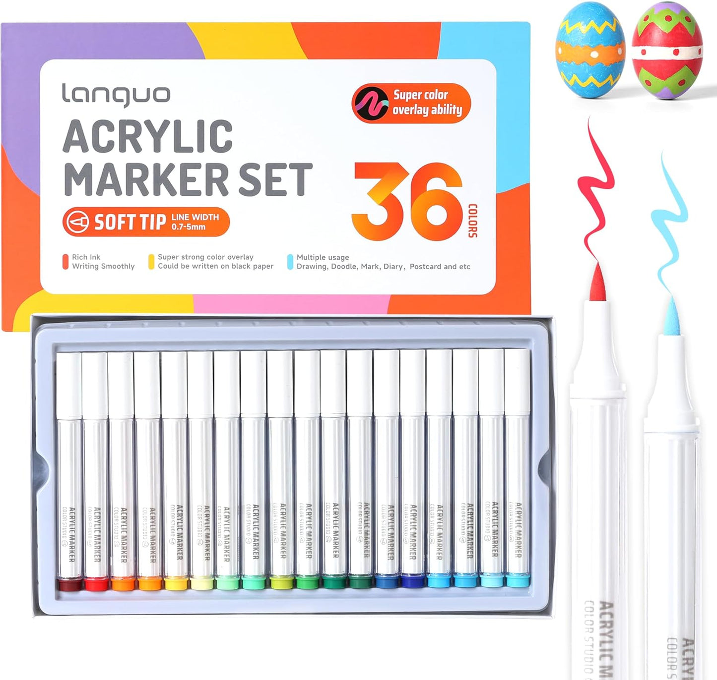 36 Colors Acrylic Paint Markers Set, Soft Brush Tip Acrylic Paint Pens Acrylic Markers for Rock, Egg, Wood, Glass, Canvas Painting, Coloring and Drawing, DIY Crafts Art Supplies