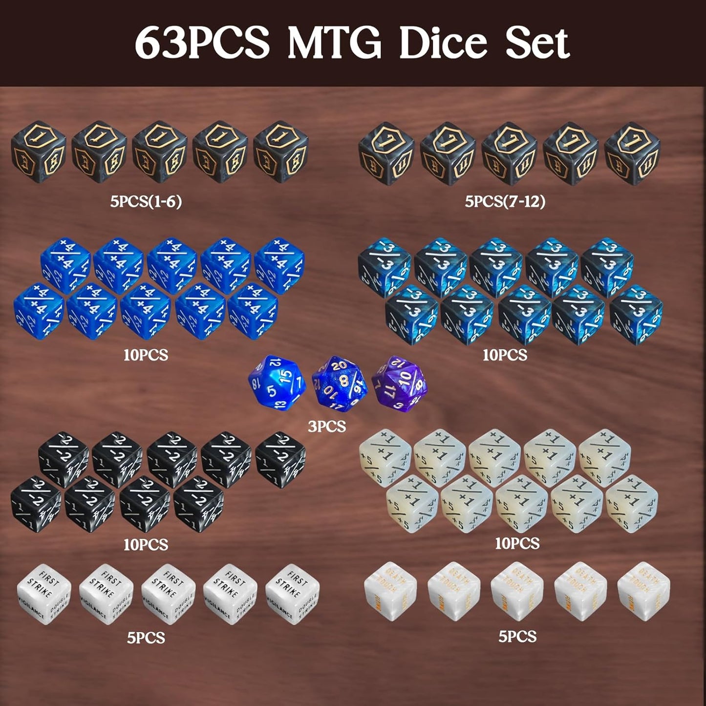63 PCS MTG Dice Counters Set, D6 MTG Tokens with Bulk Abilities Keywords and MTG Life Counters, Dice Set for TCG and Card Games