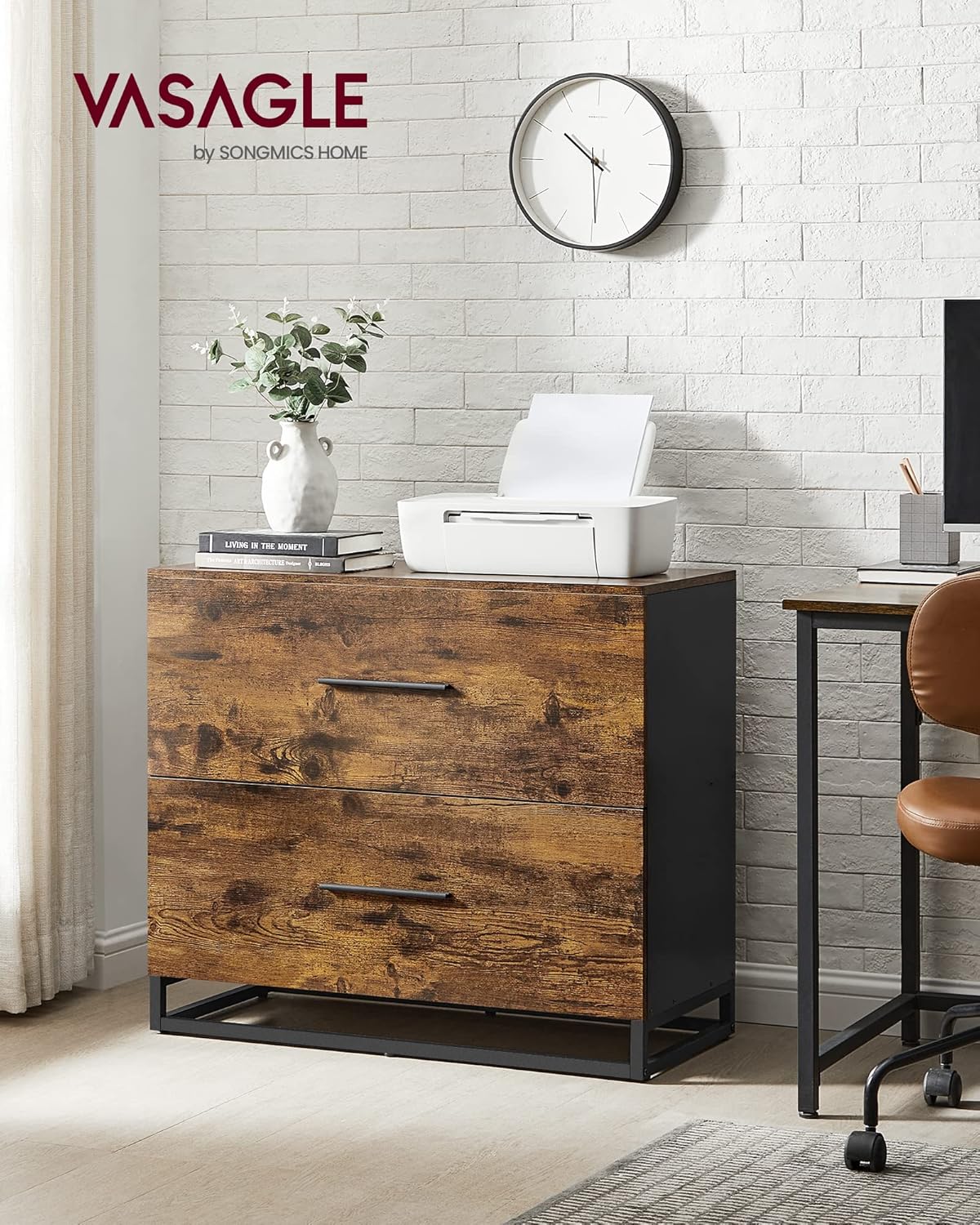 VASAGLE Lateral File Cabinet, Home Office Printer Stand, 2-Drawer Filing Cabinet, with Anti-tip Interlocking Mechanism, for A4, Letter-Size, Legal-Size Hanging Files, Rustic Brown and Ink Black
