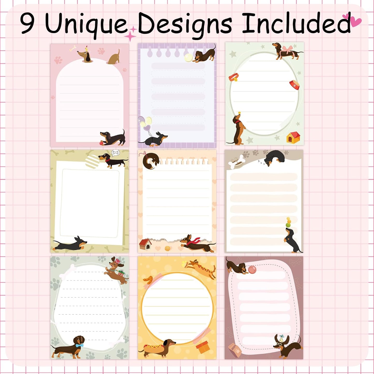 9 Pack Dachshund Sticky Notes Set, 450 Sheets Cute Dog-Themed Self-Stick Notepads with Playful Wiener Designs, Fun Gifts for Dog Lovers Kids or Office Use