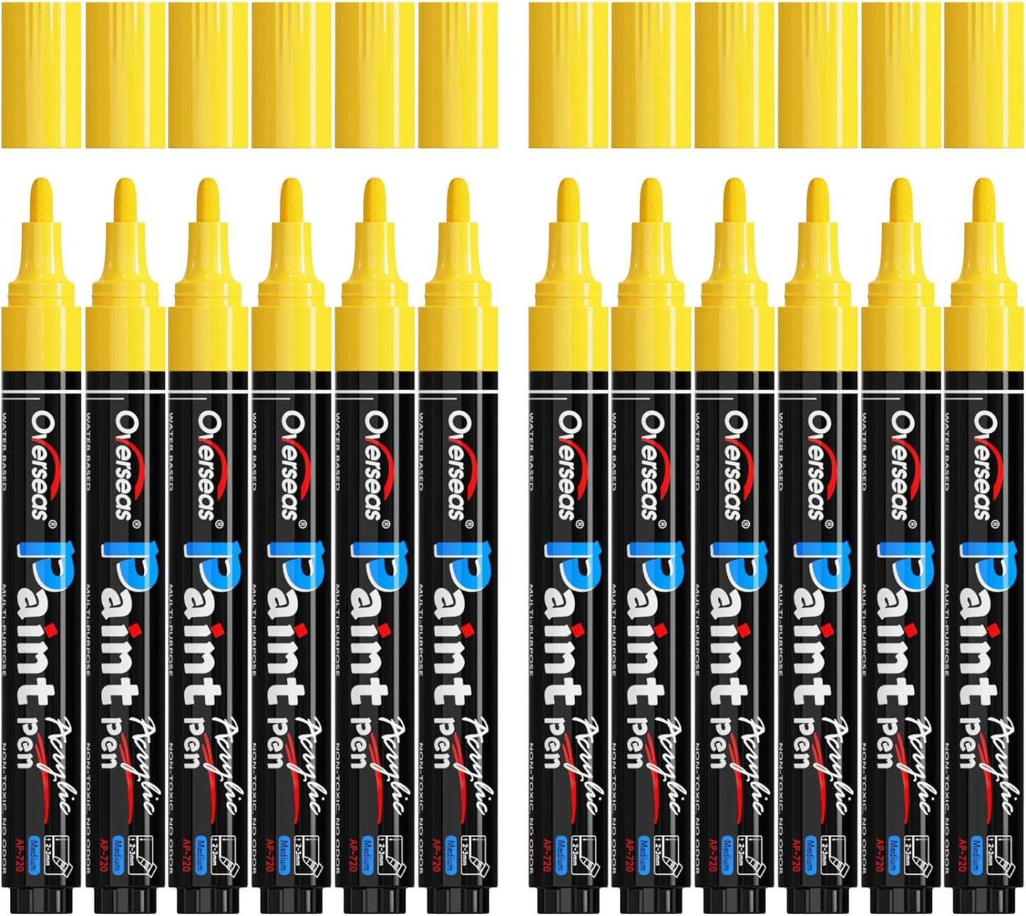 Overseas Yellow Paint Pens Paint Markers - Permanent Acrylic Markers 12 Pack, Water-Based, Quick Dry, Waterproof Marker Pen for Rock, Wood, Plastic, Metal, Canvas, Glass, Mugs. Medium Tip