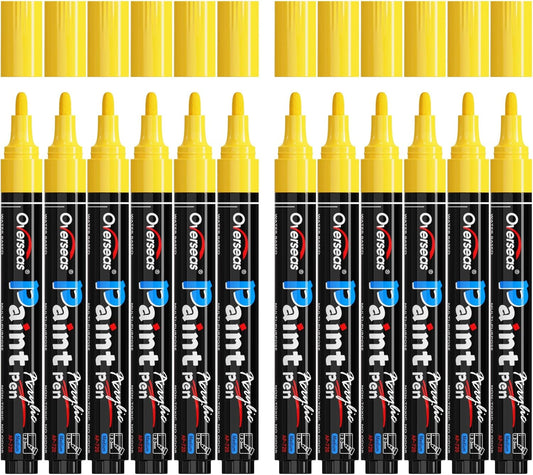 Overseas Yellow Paint Pens Paint Markers - Permanent Acrylic Markers 12 Pack, Water-Based, Quick Dry, Waterproof Marker Pen for Rock, Wood, Plastic, Metal, Canvas, Glass, Mugs. Medium Tip
