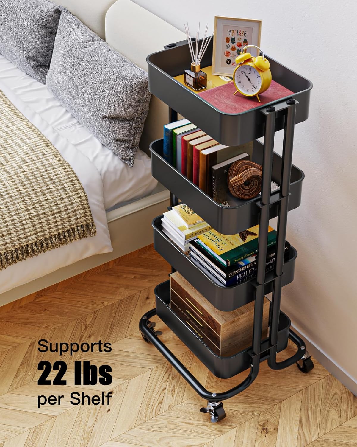 Pipishell 4 Tier Metal Rolling Utility Cart, Heavy-Duty Storage Rolling Cart with 2 Lockable Wheels, Multifunctional Mesh Organization Utility Cart for Kitchen Dining Room Living Room, PIUC13B