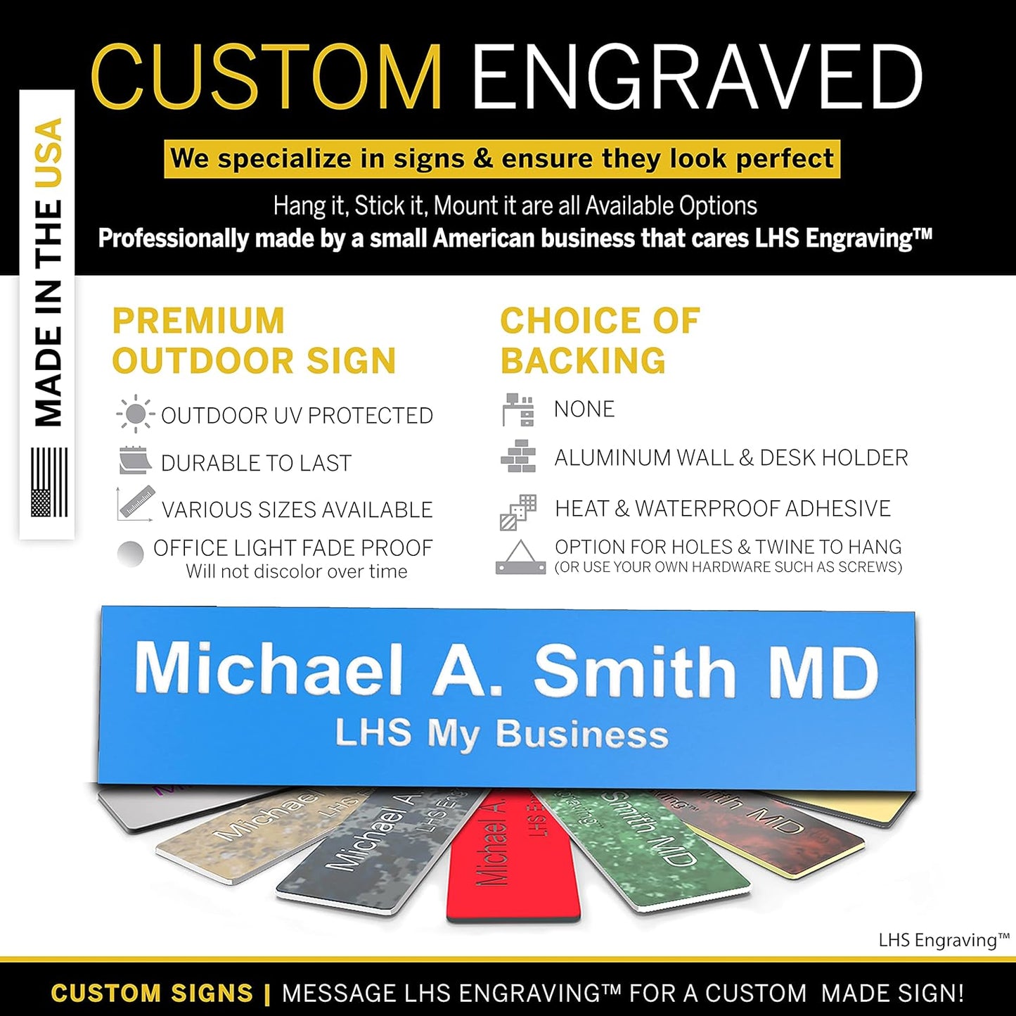 Engraved Name Plates for Door Sign Personalized Light Blue Plastic Plaque with White Letters - Made in USA 2x4 B1