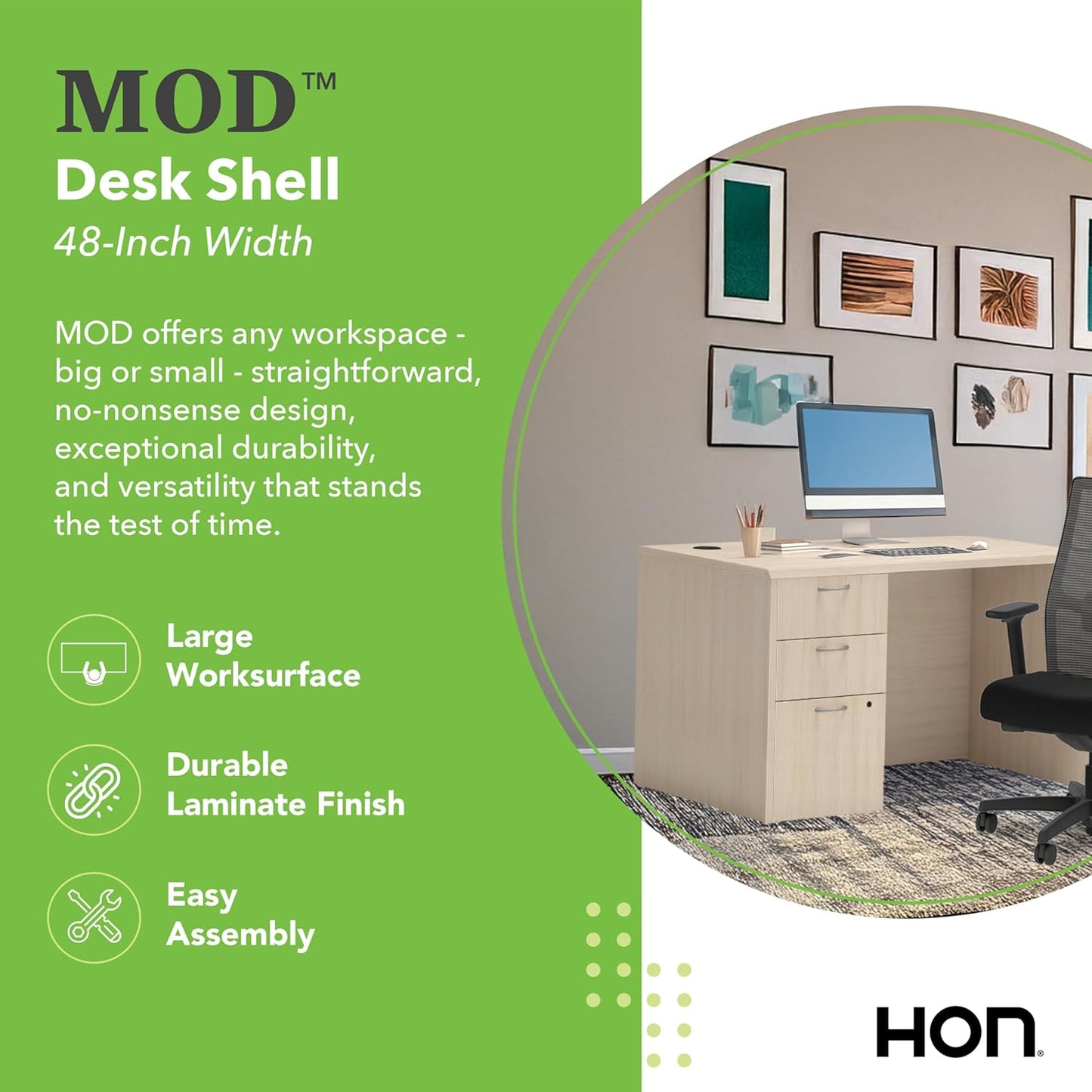 HON MOD Executive Desk 48-Inch Large Computer Desk Shell, Thick Wooden Laminate, Modern Table with Cord Management, 48'W x 30'D x 29'H, Desert Oak