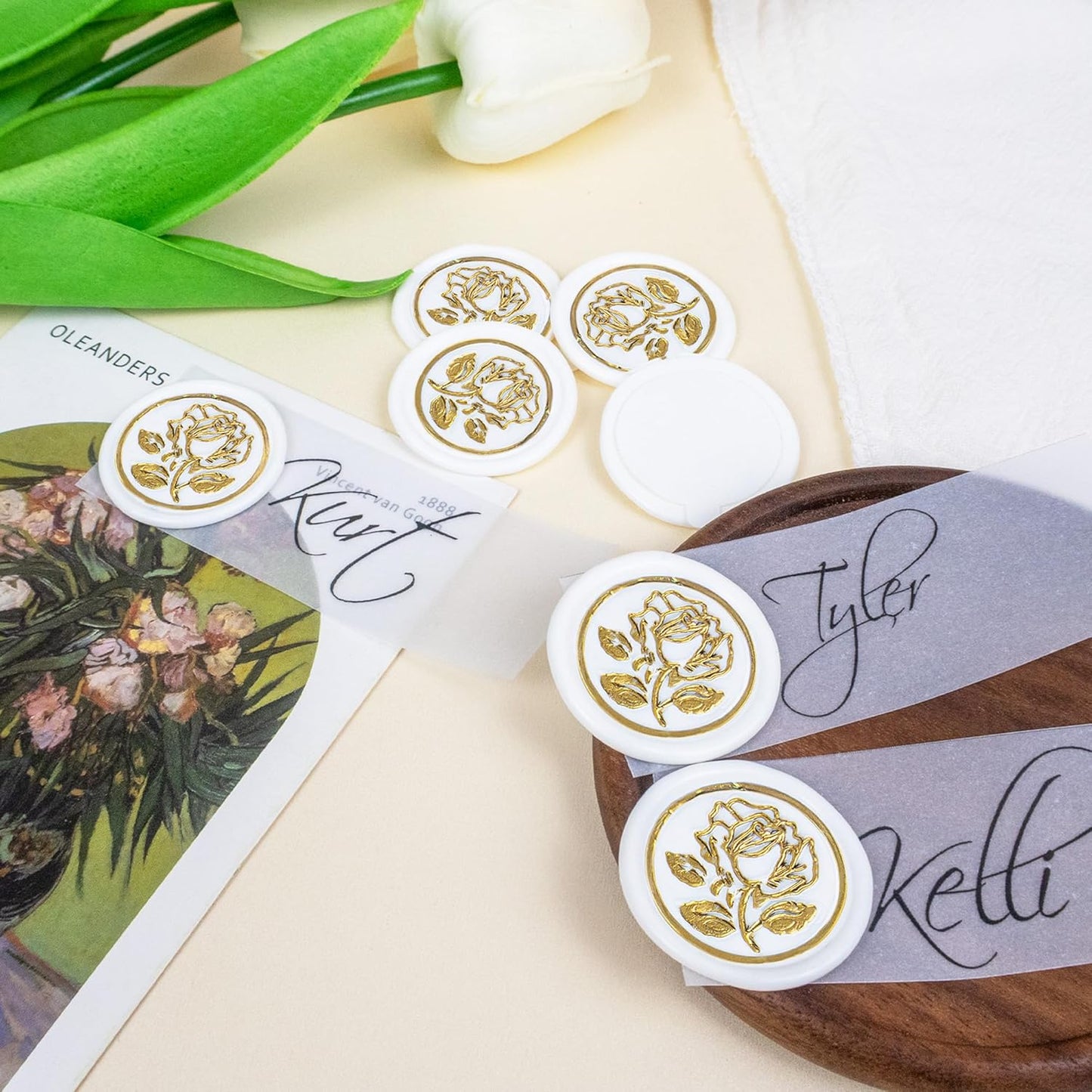 50Pcs Gold & White Wax Seal Stickers Handmade Envelope Seals Self Adhesive Wax Stickers for Wedding Party Invitations, Envelope, Gift Wrap, Christmas(Gold Rose Style, White Wax)