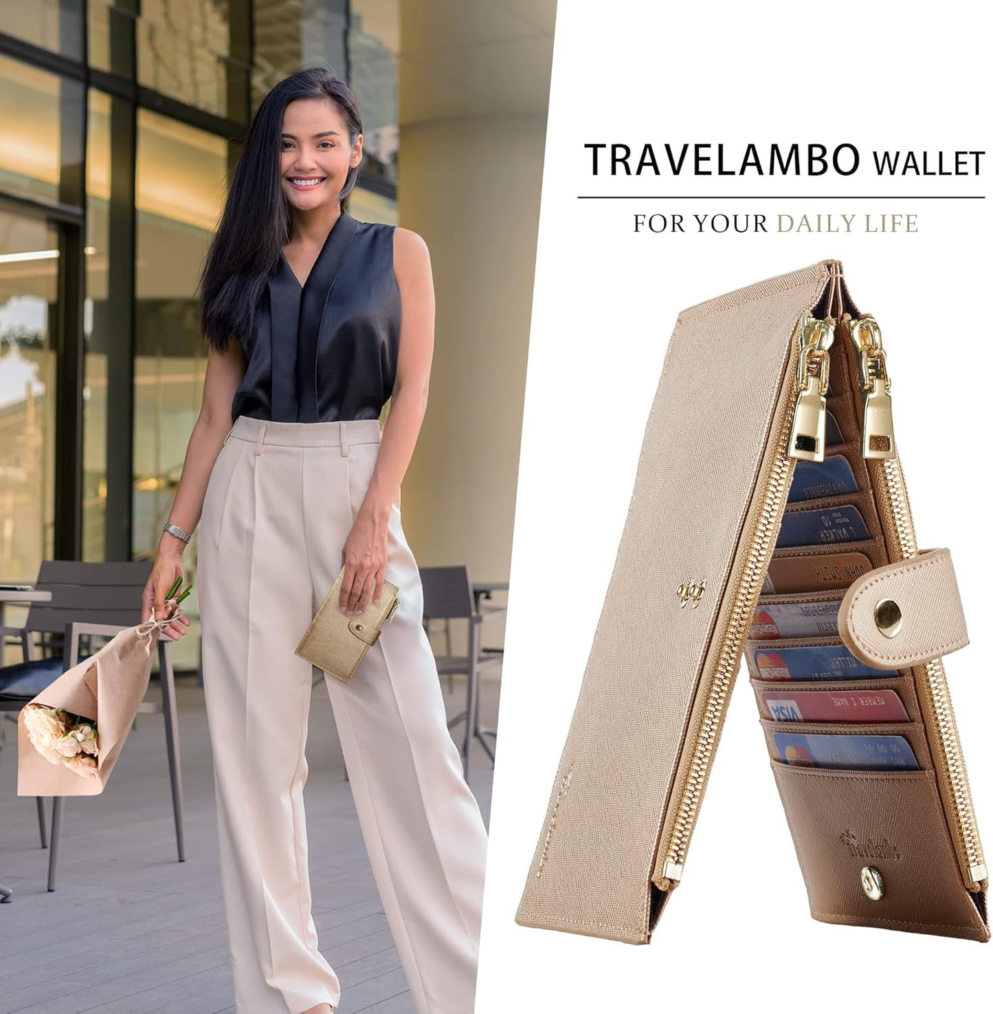 Travelambo RFID Wallet Women Large Size Bifold Multi Card Wallet Case with Zipper Pocke Credit Card Holder for Women