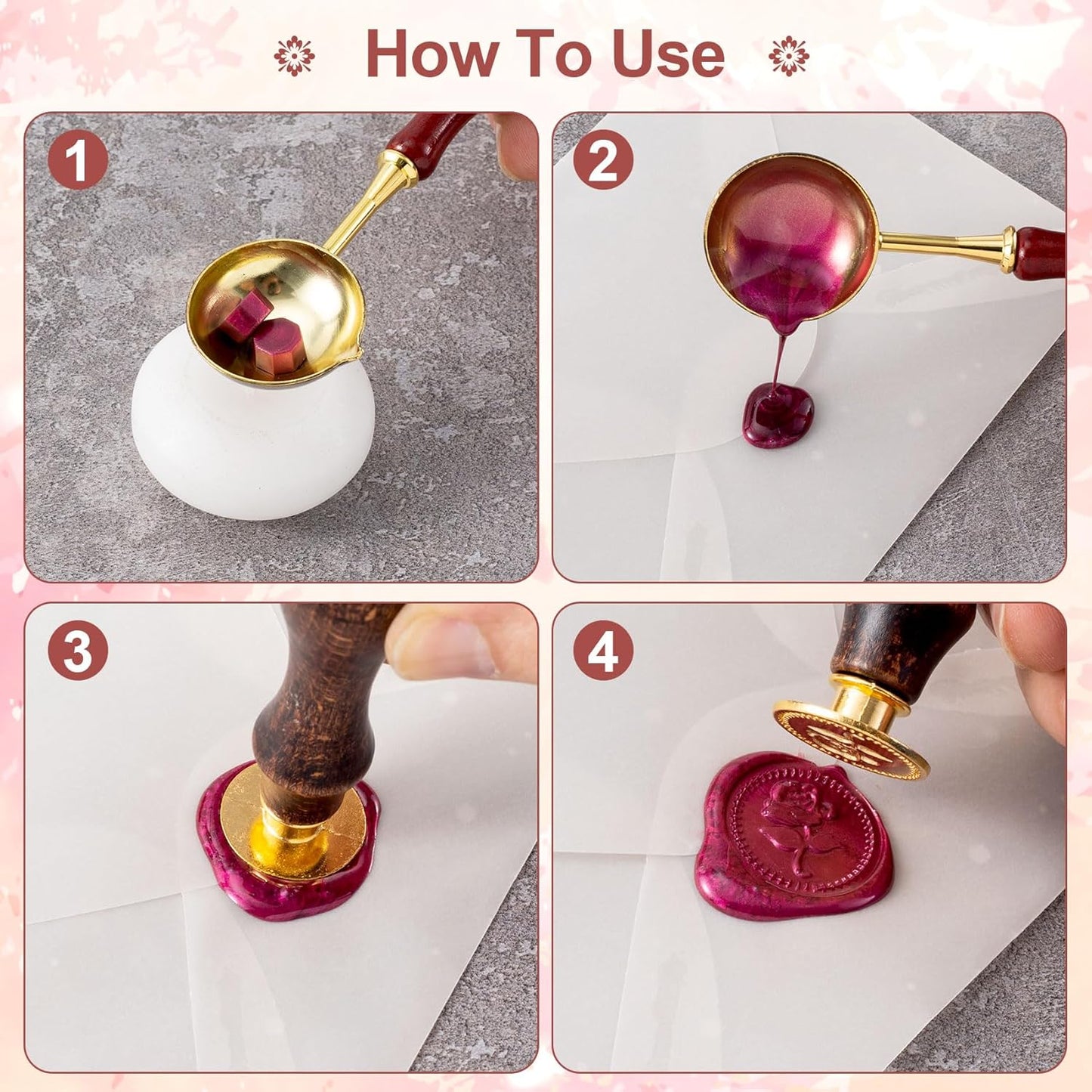 5pcs Wax Seal Stamp Kit, Brass Sealing Wax Stamps Head & Wooden Handle for Wedding Invitations Cards Envelopes Gift Packing(Tree of Life+Tulip+Daisy+Love Rose)